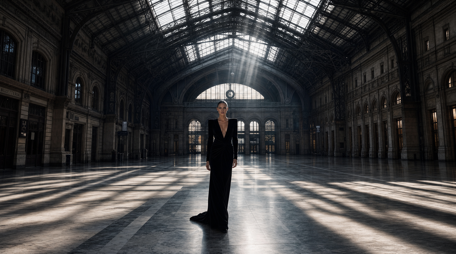 A wide cinematic 16:9 fashion campaign photograph shot inside a grand empty train station with vaulted iron and glass ceiling. A female model in her late 20s walks alone across the vast marble floor directly toward camera, small against the enormous architecture. She wears a floor-length Saint Laurent black velvet evening gown with a deep V neckline and long sleeves, trailing slightly behind her. Her hair is slicked back severely. She carries nothing. The station is empty and completely still. Dramatic low winter sunlight streams through the glass ceiling panels above, creating long shafts of light and shadow across the marble floor. Shot on a 24mm wide lens at f/8. Color grade: cold steel and marble tones, the black velvet as the darkest element. Mood: power, solitude, cinematic fashion.