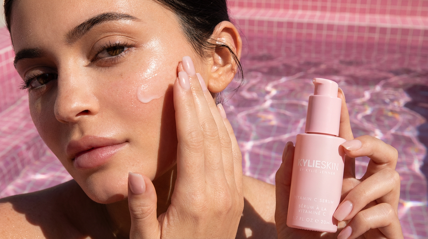 Generate an image of Kylie jenner applying vitamin c serum on her left cheek while holding the bottle on the right hand. Background is a pink swimming pool. It is top angle closeup shot on her skin.