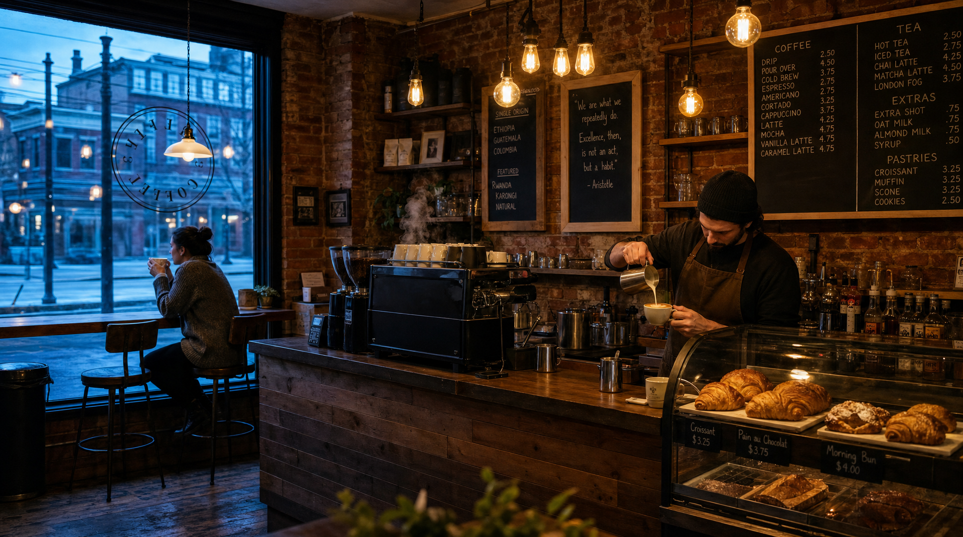 A photorealistic 16:9 wide shot inside a small independent specialty coffee shop at 7am on a weekday morning. The cafe is nearly empty — just one customer sitting alone at a window seat, hands wrapped around a ceramic mug, face softly lit by the pale blue morning light coming through the glass. The barista behind the counter is mid-pour on a latte, stream of milk caught frozen in motion above the cup. The entire interior glows with a warm contrast of the amber Edison bulb lights above the counter against the cold blue daylight flooding through the front window. Exposed brick walls, handwritten chalk menu boards, a glass pastry case with croissants. Steam rises from the espresso machine. Shot on a 24mm lens at f/4, everything sharp from foreground counter to the window seat. Color grade: warm amber interior light fighting cool morning blue window light. Mood: quiet, unhurried, deeply atmospheric slice of everyday life.
