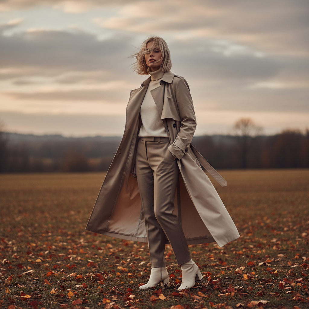 A fashion-forward model standing in a wide open field with autumn leaves scattered on the ground. The outfit is minimalist and neutral-toned, with a long beige trench coat flowing in the wind. The environment is calm and muted, emphasizing clean lines and a contemporary aesthetic. Shot with a wide aperture for smooth bokeh and modern editorial appeal.