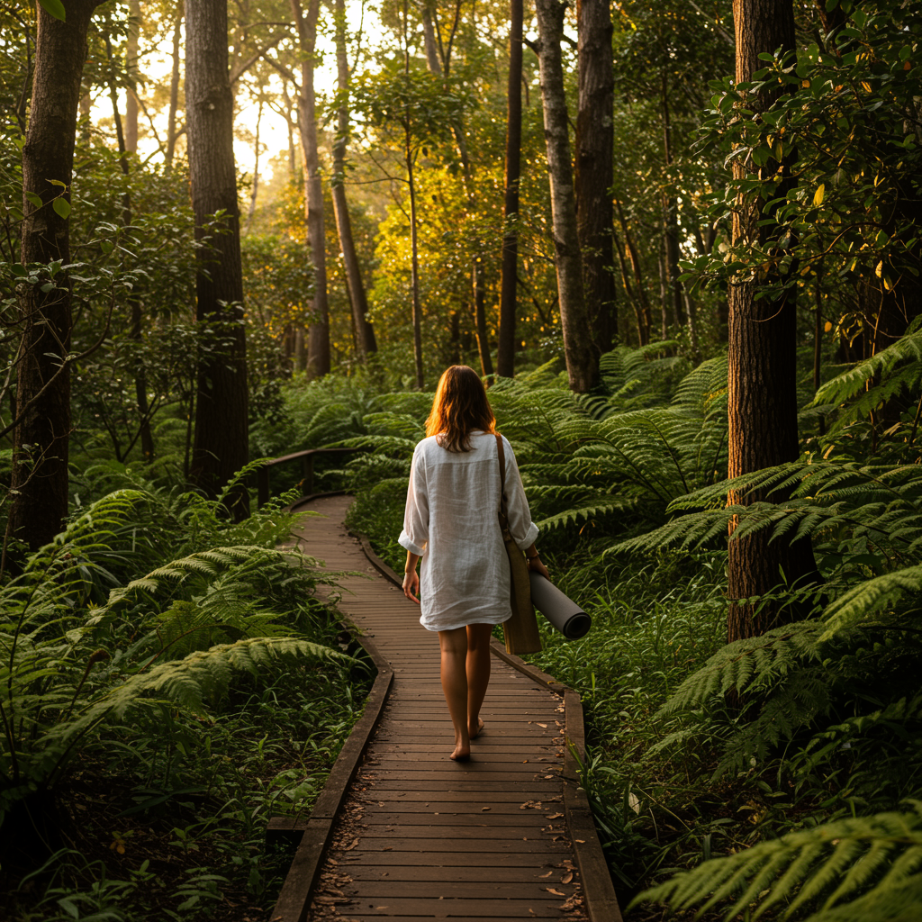 a serene outdoor scene of a woman walking barefoot along a wooden pathway surrounded by lush, tropical greenery. She is captured from behind, wearing a loose, long-sleeved white linen shirt and carrying a rolled-up yoga mat under her arm. The path is elevated slightly above the forest floor, flanked by large ferns and tall trees with sunlight filtering softly through the leaves. The warm golden light, likely from early morning or late afternoon, casts gentle shadows and highlights her hair and the surrounding foliage. The mood is peaceful and reflective, evoking a sense of mindfulness, nature connection, and calm exploration.