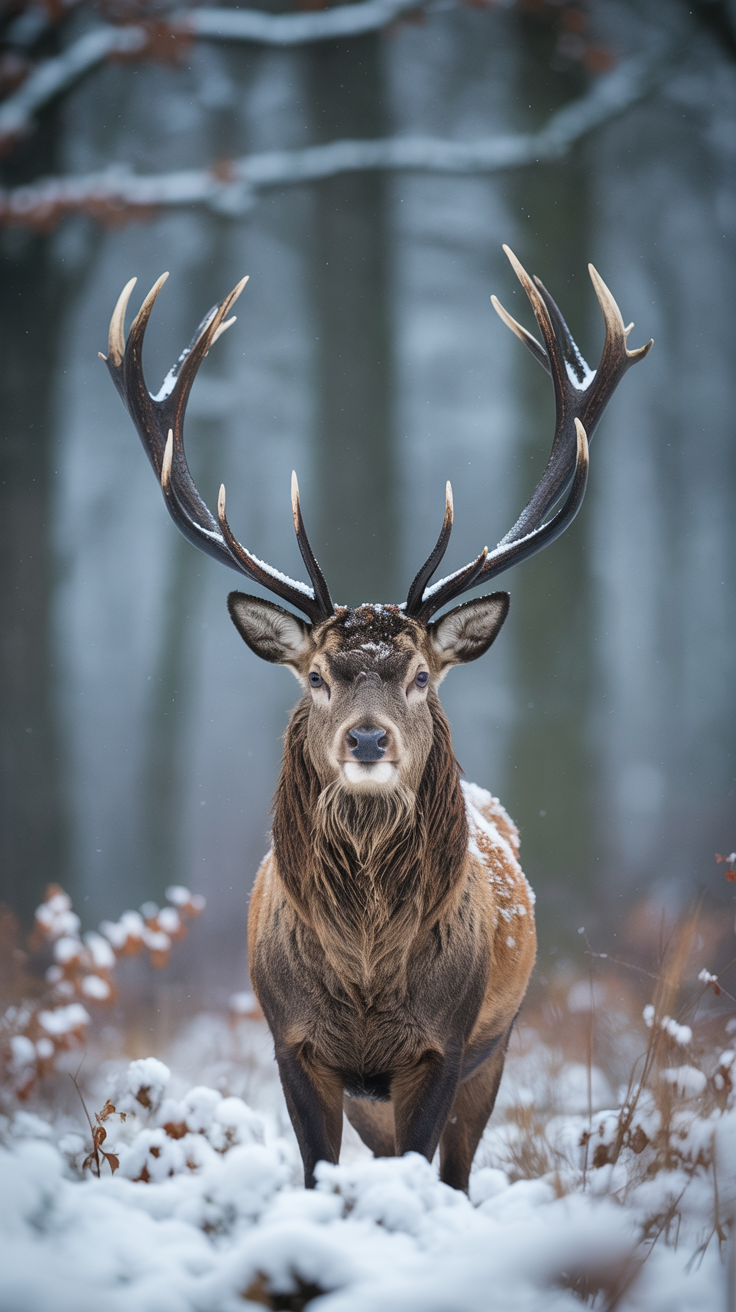 A close-up wildlife portrait of a majestic stag standing still in a snowy forest during active snowfall. The deer faces the camera directly, with large symmetrical antlers coated in fresh snow, creating a striking and powerful composition. Its fur is a rich warm brown, lightly dusted with snowflakes, contrasting against the soft white foreground and cool gray-blue background. The background features blurred winter trees with shallow depth of field, producing a dreamy, atmospheric bokeh effect. Lighting is soft and diffused, typical of overcast winter conditions, emphasizing fine details in the fur, antlers, and snow texture. The mood is calm, serene, and slightly dramatic, evoking wilderness, nature, and seasonal beauty. Shot at eye level with a centered composition, high realism, no text, ideal for commercial wildlife, winter, or holiday-themed stock imagery.