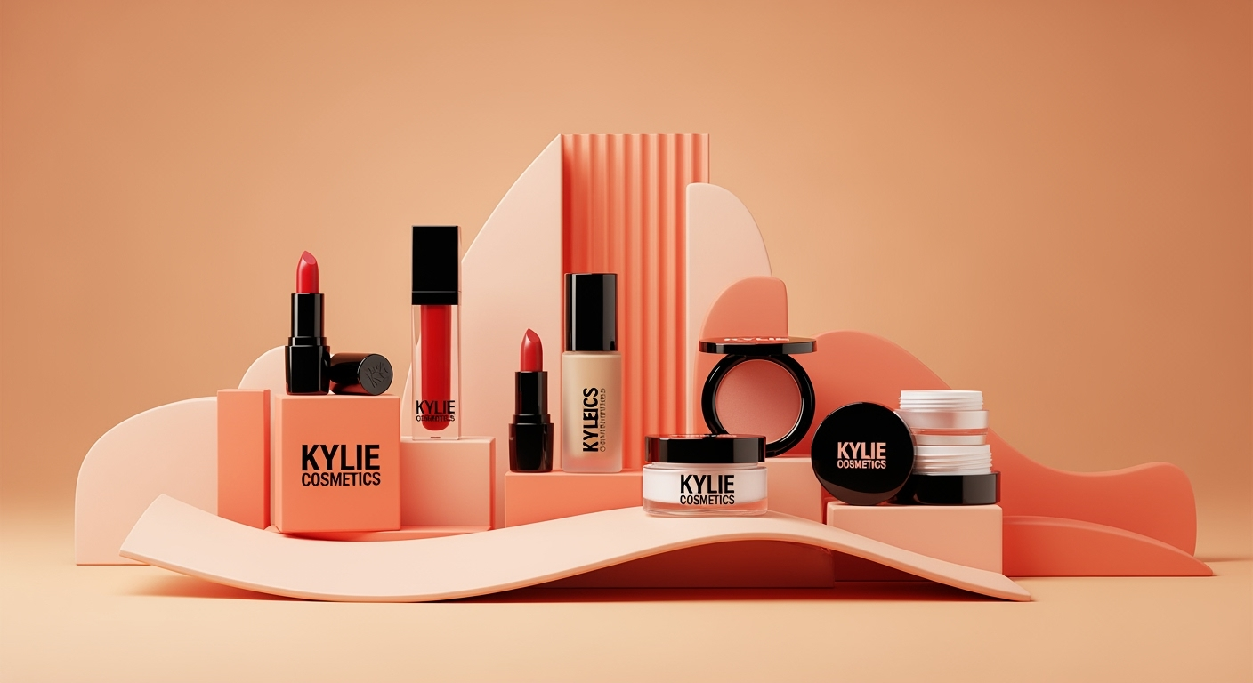 a visually striking arrangement of luxury makeup products with brand name Kylie Cosmetics displayed against a warm, monochromatic background in shades of peach, coral, and rose gold. The setup includes lipsticks, foundation or serum bottles, a compact blush, and cream containers — all housed in sleek black and metallic coral packaging.
The products are artfully placed among geometric blocks and curved shapes in matching tones, creating a modern, sculptural composition. Soft, diffused lighting enhances the smooth textures and rich colors, producing a polished, high-end aesthetic. The overall mood is elegant and contemporary, evoking themes of beauty, sophistication, and design harmony