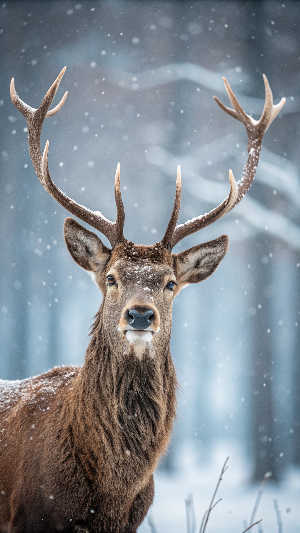 A close-up wildlife portrait of a majestic stag standing still in a snowy forest during active snowfall. The deer faces the camera directly, with large symmetrical antlers coated in fresh snow, creating a striking and powerful composition. Its fur is a rich warm brown, lightly dusted with snowflakes, contrasting against the soft white foreground and cool gray-blue background. The background features blurred winter trees with shallow depth of field, producing a dreamy, atmospheric bokeh effect. Lighting is soft and diffused, typical of overcast winter conditions, emphasizing fine details in the fur, antlers, and snow texture. The mood is calm, serene, and slightly dramatic, evoking wilderness, nature, and seasonal beauty. Shot at eye level with a centered composition, high realism, no text, ideal for commercial wildlife, winter, or holiday-themed stock imagery.