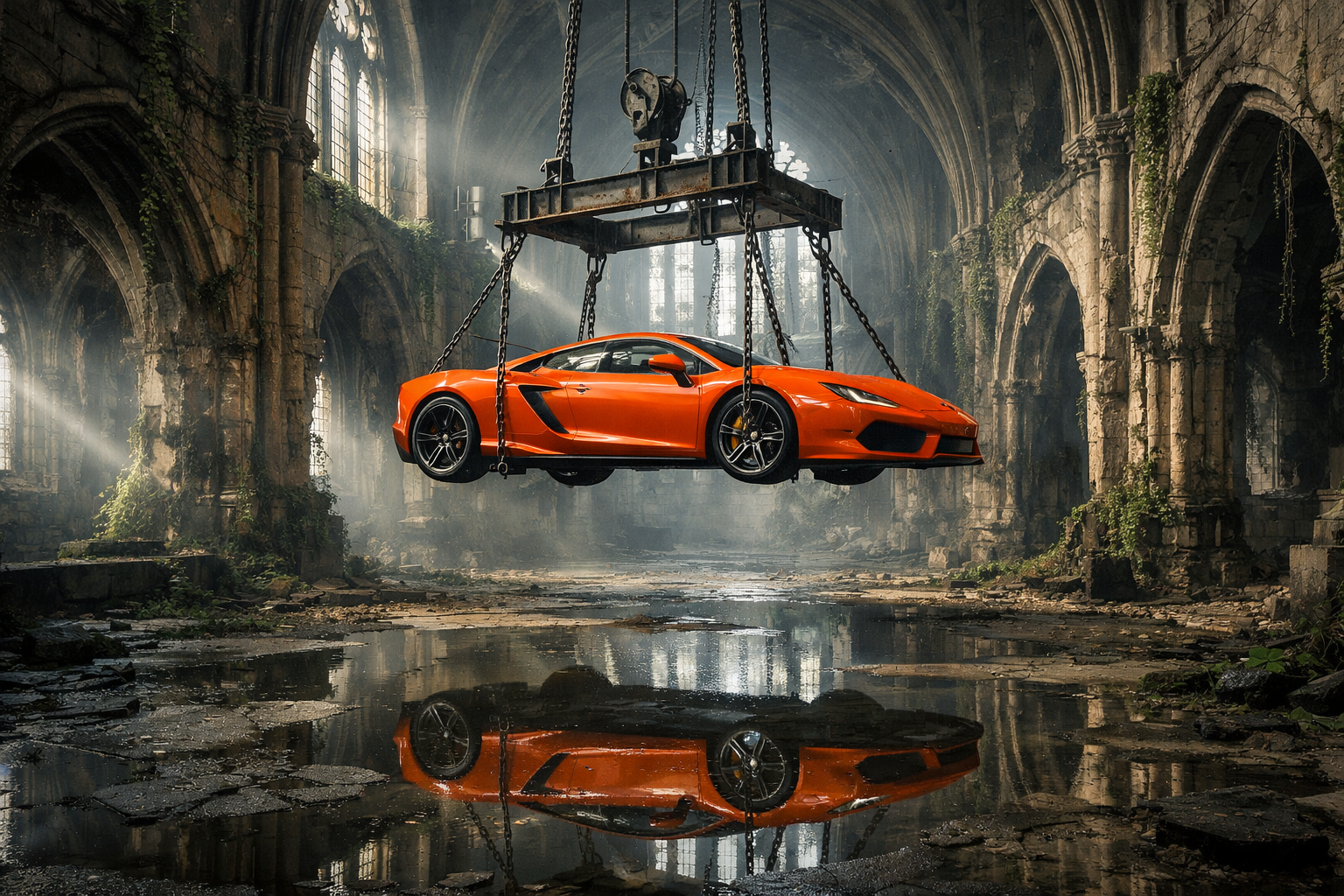 A surreal cinematic scene set inside a vast, abandoned gothic cathedral with towering stone arches, cracked walls, and tall stained-glass windows diffusing cold, misty daylight. Suspended in mid-air at the center of the nave is a bright orange sports car, lifted by heavy chains and a metal hoist frame attached to the vaulted ceiling. The car hangs perfectly horizontal, emphasizing tension and impossibility. Moss, vines, and creeping vegetation reclaim the ancient stone interior, while puddles on the cracked stone floor reflect the cathedral’s architecture and the floating vehicle above. The contrast between the modern, glossy supercar and the decaying medieval environment creates a striking visual juxtaposition. Lighting is soft but dramatic, with volumetric light rays cutting through dust and fog, evoking a mood of mystery, surrealism, and post-apocalyptic elegance. Highly detailed, cinematic realism with a dark, contemplative atmosphere.