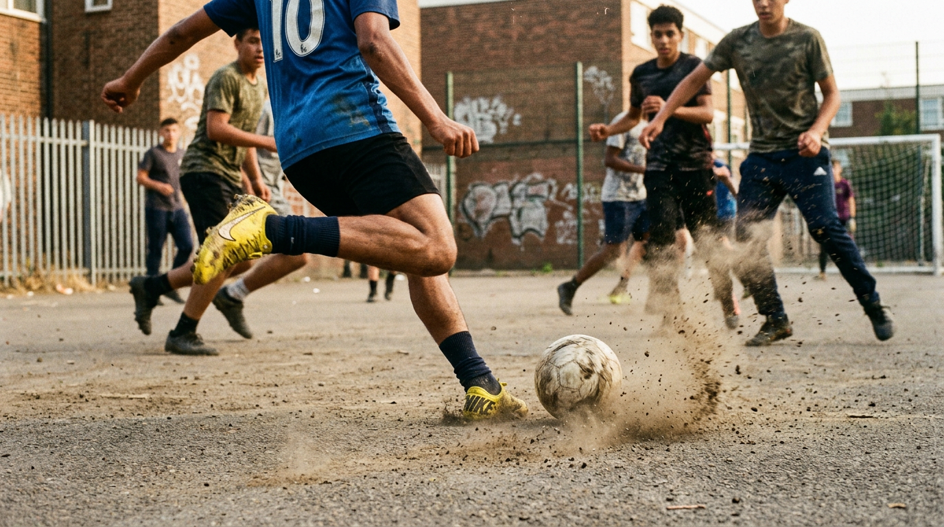 Ultra-documentary street photography, warm daylight, low-angle framing, natural grain, 35mm lens look. Teenagers playing football, focus on yellow football boots striking the ball, motion blur and dust creating raw energy.