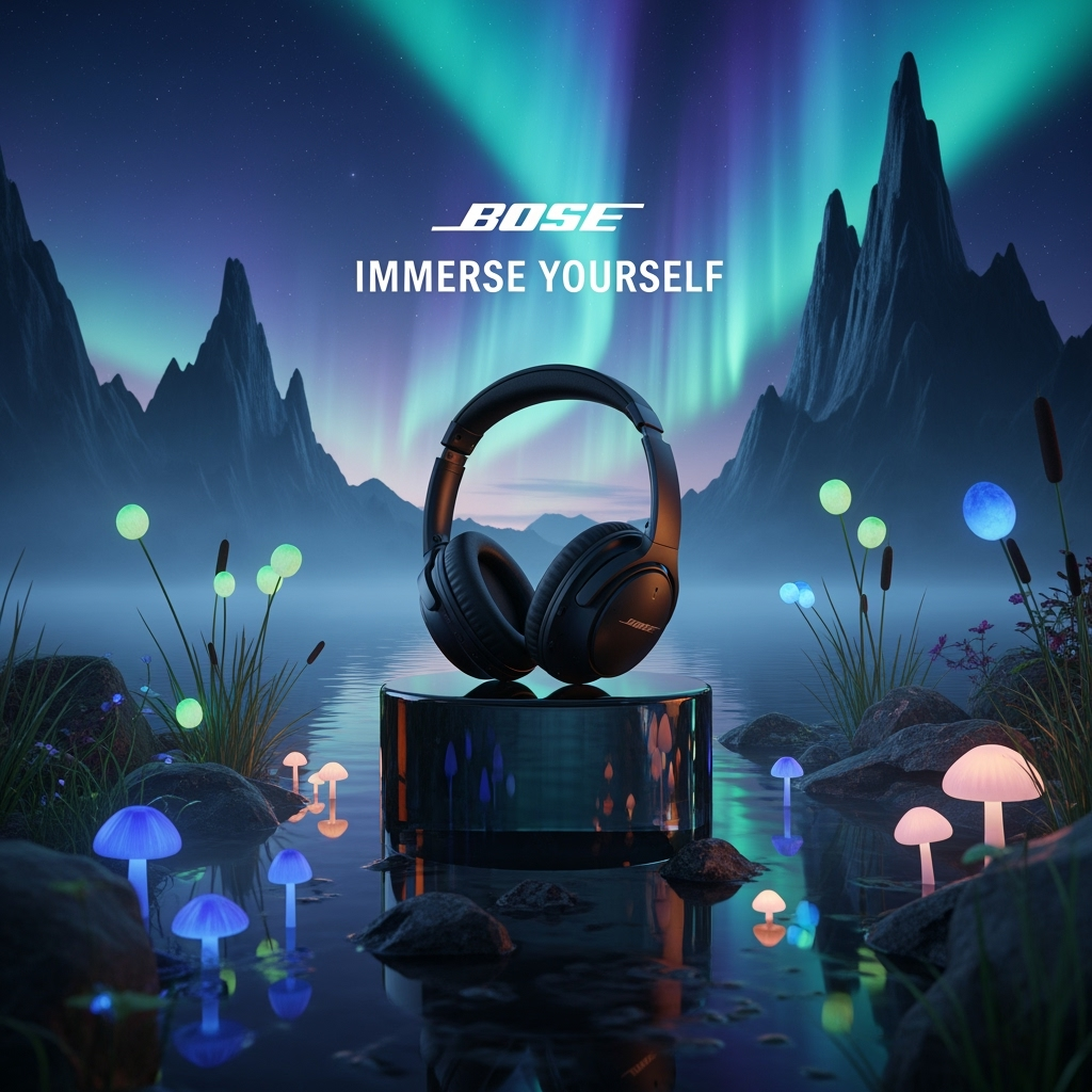 Design a hyperrealistic cinematic poster showcasing the Bose headphones the centerpiece. The device on a sleek obsidian pedestal at the edge of a tranquil reflective lake. Surrounding it are glowing bioluminescent plants and tall reeds swaying gently in the breeze, giving the scene an ethereal, futuristic feel. In the background, jagged cliffs rise dramatically, their edges kissed by a glowing aurora in the night sky. Use moody, atmospheric lighting with cool blues and purples contrasted by warm golden highlights reflecting off the device. Capture the scene from a slightly low angle to emphasize grandeur, with a shallow depth of field to sharpen the Bose headphones while softening the surrounding mist. Add subtle lens flares, crisp polished textures, and a cinematic vignette for a premium editorial aesthetic. Write the brand name and a tagline as well.