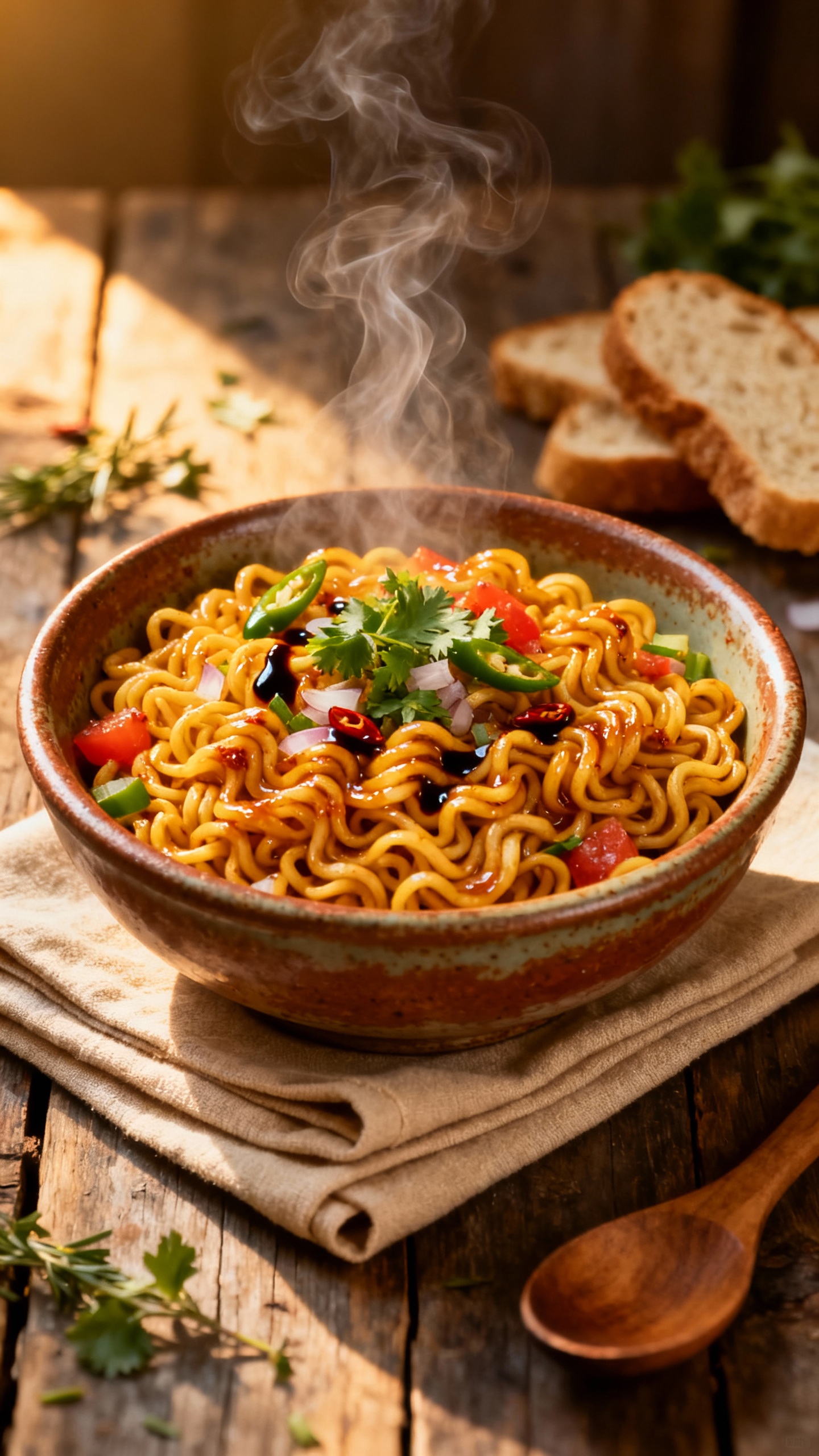 A steaming bowl of freshly prepared Maggi noodles with curly, golden-yellow strands glistening under warm ambient light. The noodles are lightly coated in a glossy, savory sauce with hints of spice, their texture appearing soft yet springy. Small bits of finely chopped vegetables — green chilies, onions, and tomatoes — add pops of color and freshness throughout. The dish is garnished with freshly chopped coriander leaves, a drizzle of soy sauce, and a few drops of chili oil for visual contrast.

The bowl, rustic and ceramic with earthy tones, rests on a neatly folded beige linen napkin placed over a weathered wooden table, enhancing the homely, organic atmosphere. Wisps of steam rise gracefully from the noodles, subtly twisting upward into the air, suggesting heat and freshness. Around the bowl, scattered sprigs of herbs, a few slices of crusty bread, and a wooden spoon add authenticity and warmth.

Soft, diffused lighting from the side casts gentle highlights on the noodles and delicate shadows on the table, evoking the golden glow of late afternoon. The overall mood is cozy, inviting, and nostalgic — a comforting homemade meal captured in perfect detail, ideal for illustrating home-cooked comfort food, Indian-style quick meals, or cozy kitchen moments.