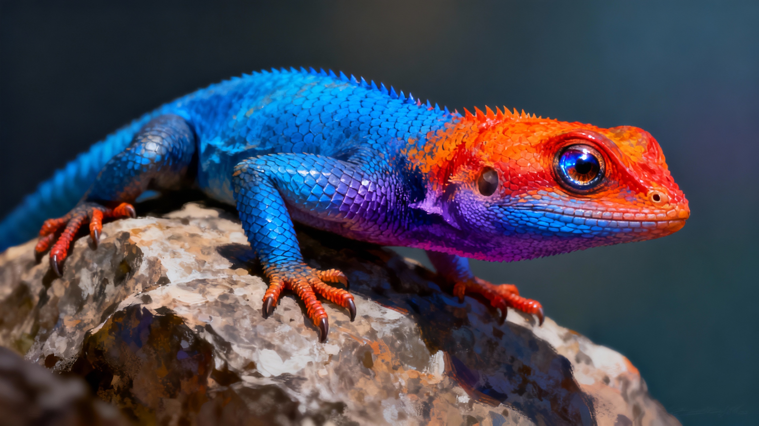 A striking close-up portrait of a vividly colored lizard perched on a textured rock, captured at eye level with shallow depth of field. The reptile features an extraordinary gradient of saturated hues—electric blue scales along the body, fiery orange and red tones on the head and limbs, and subtle purple transitions across the neck and torso. Fine scale textures are sharply detailed, with glossy highlights catching the light. One large, reflective eye is in crisp focus, conveying alertness and curiosity. The background fades into a dark, softly blurred gradient, isolating the subject and enhancing contrast. Lighting is dramatic yet controlled, emphasizing color vibrancy and surface detail. The overall mood is bold, exotic, and visually arresting, ideal for wildlife art, fantasy realism, or high-end digital illustration.
