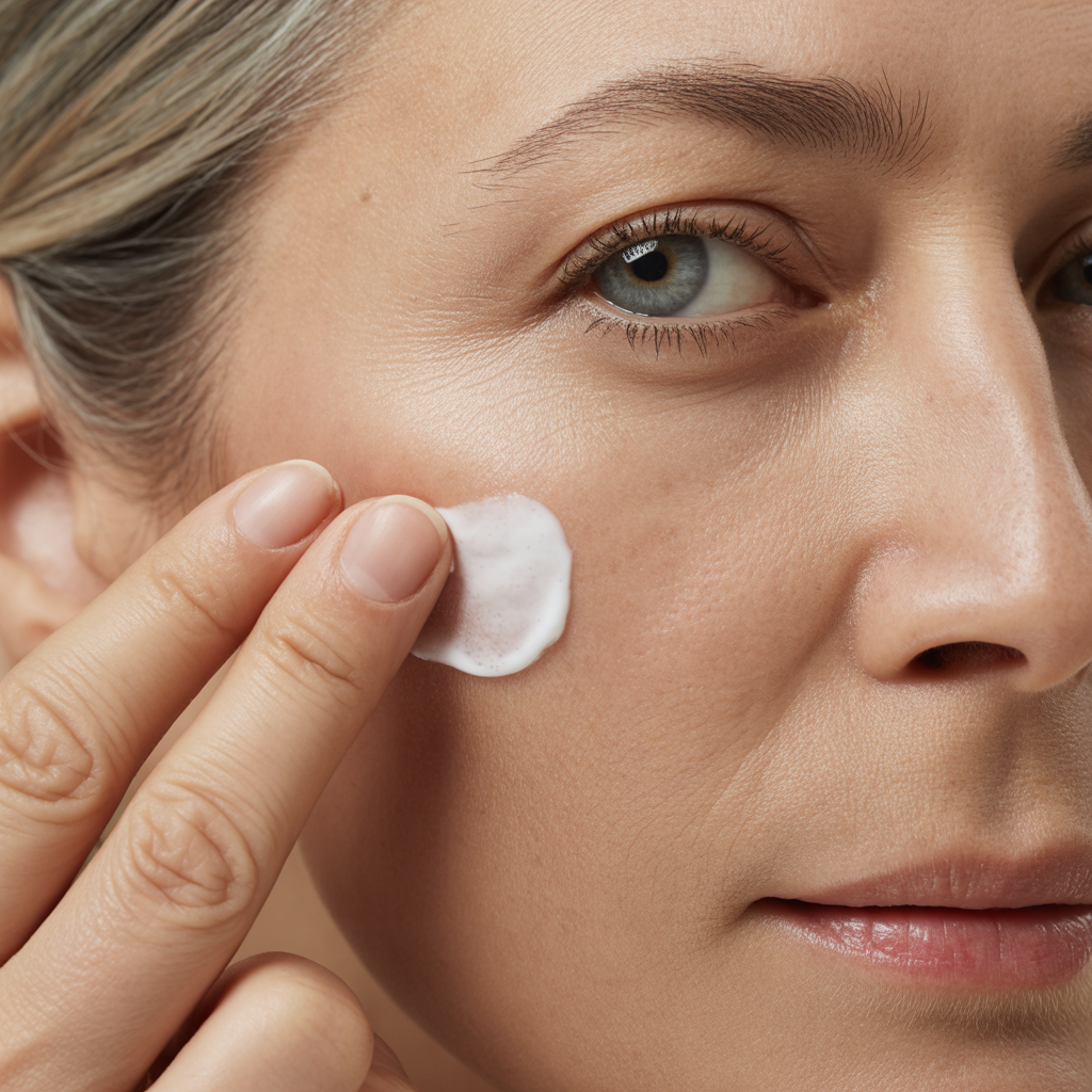 "Ultra-detailed close-up of a mature woman’s face, focusing on the eye, cheek, and lips, as she gently applies a dab of white moisturizing cream with her fingertips. The image captures realistic skin texture, fine lines, and natural wrinkles, highlighting beauty and self-care. Soft, diffused lighting enhances the smooth glow of her skin without harsh shadows. Neutral background with a clean, minimal aesthetic. Professional skincare advertising photography, high-resolution macro detail, commercial stock style."