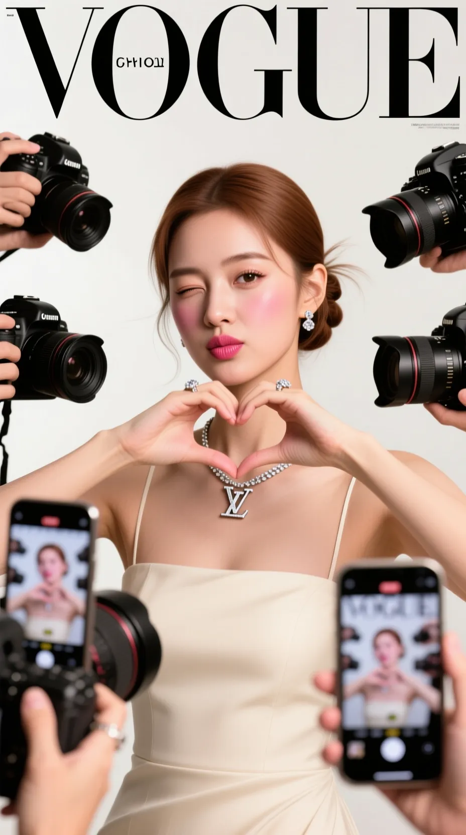 a realistic Vogue magazine cover–style fashion portrait using the uploaded face as the original face reference (100% face identity preservation).

A young elegant woman posing confidently, maintaining her original facial features and natural beauty. She is winking with her left eye and making a playful duck-face expression. Both hands are raised, forming a love/heart gesture near her face.

She is surrounded by multiple DSLR cameras and smartphones held around her, as if paparazzi and photographers are capturing her from all directions. Some phones show her live image on their screens.

Appearance & styling: flawless glowing skin, natural makeup with glossy pink lips, soft blush, subtle highlights. Light brown hair styled in a low, neat updo with a few loose strands.

Outfit & accessories: elegant minimalist beige-white strapless evening dress, Louis Vuitton necklace, diamond ring, luxury fashion jewelry.

Photography style: close-up to half-body fashion portrait, Vogue editorial aesthetic, cinematic professional studio lighting, soft HDR background, shallow depth of field, realistic skin texture, ultra-detailed, 8K quality.

Camera & lens look: professional DSLR look, 85mm lens feel, f/1.8 aperture, crisp focus with smooth background bokeh.

Composition: Vogue magazine layout with large bold logo at the top, editorial fashion cover framing, clean and elegant design.

Mood & vibe: playful yet luxurious, high-fashion beauty editorial, realistic, not AI-looking, photographed by a professional fashion photographer.