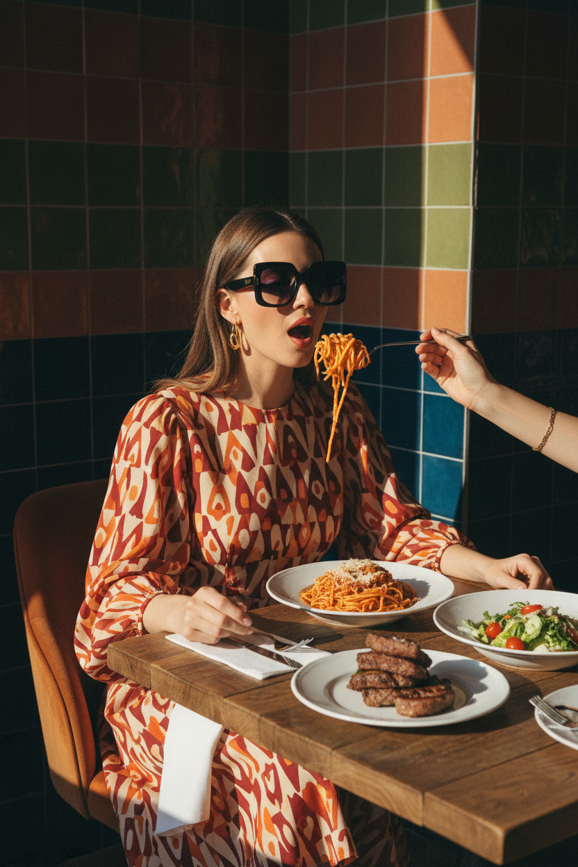 Stylish editorial portrait of a woman dining at a restaurant table, wearing dark oversized sunglasses and a chic orange patterned dress. She sits in front of plates of spaghetti and meat, while another hand offers her a plate of pasta on a fork. Her confident, glamorous expression paired with the casual dining setting creates a bold contrast. Warm sunlight casts dramatic shadows against the tiled wall backdrop, enhancing the cinematic, retro-inspired mood. Perfect for fashion editorials, lifestyle branding, or modern food culture concepts.