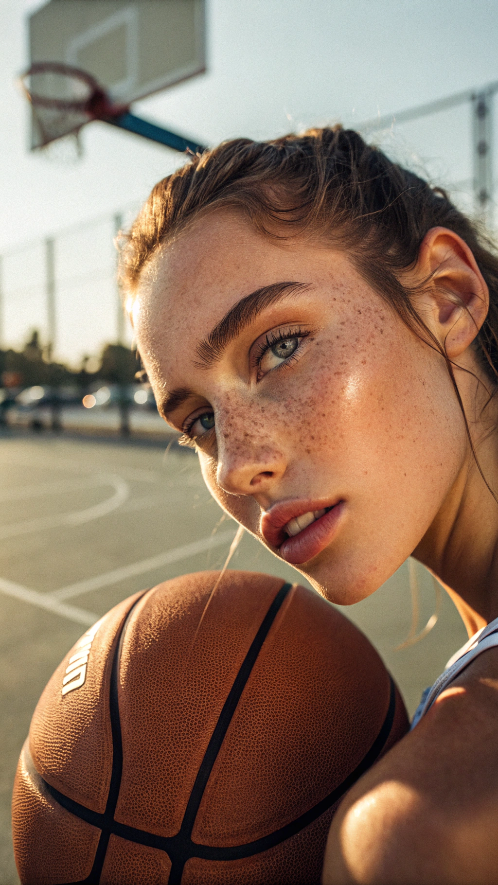 A close-up portrait of a young woman on an outdoor basketball court, bathed in warm natural sunlight. She has dewy, glowing skin with soft freckles, light makeup, and slightly parted lips. Her hair is tied back neatly, with a few loose strands framing her face. A basketball is positioned close to her cheek, dominating part of the foreground and adding texture contrast to her smooth skin. The lighting creates gentle shadows and highlights across her face, emphasizing her natural features and sporty confidence. Shot with a shallow depth of field and cinematic color grading for a modern, lifestyle aesthetic.