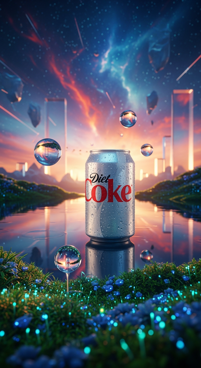 Create a surreal, cinematic advertisement for Diet Coke, captured as a high-end DSLR photograph.
Use symbolic visual metaphors that reflect the brand’s identity — through imaginative scenes, natural landscapes, or abstract environments.
Center the product or logo in the scene with emotionally resonant lighting and realistic textures.
Include a short slogan (max 6 words) that aligns with the brand’s voice.
Do not repeat the brand name.
Style: surreal realism, DSLR depth of field, ad campaign aesthetic.