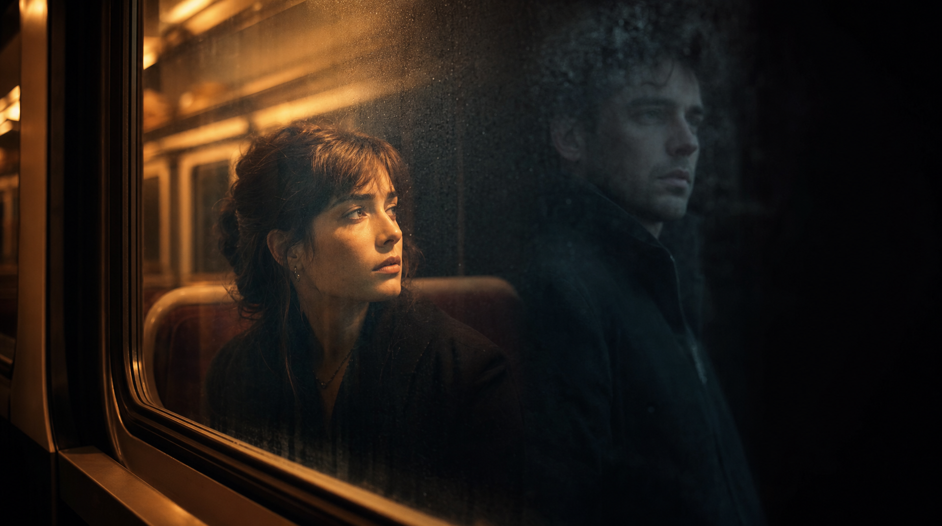 A wide 16:9 cinematic portrait of two strangers on opposite sides of a train window at night. Inside the train: a young woman, sharp and warm, lit by the soft amber carriage lighting, looking out the window at something beyond the frame. Outside in the darkness: the faint ghostly reflection of a man standing on the platform, visible only as a transparent overlay on the window glass — his image superimposed over her face and the carriage interior behind her, present but completely unreachable. The outside world is pure black except for his reflection. The condensation on the glass adds a slight soft diffusion to his reflected image. Neither person is looking at the other. Shot on a 50mm lens at f/2.0. Color grade: warm amber interior light on the woman, the man as a cool blue-gray reflection ghost, the window glass as the barrier between two separate worlds. Mood: the profound loneliness and accidental poetry of strangers sharing the same space without connection.