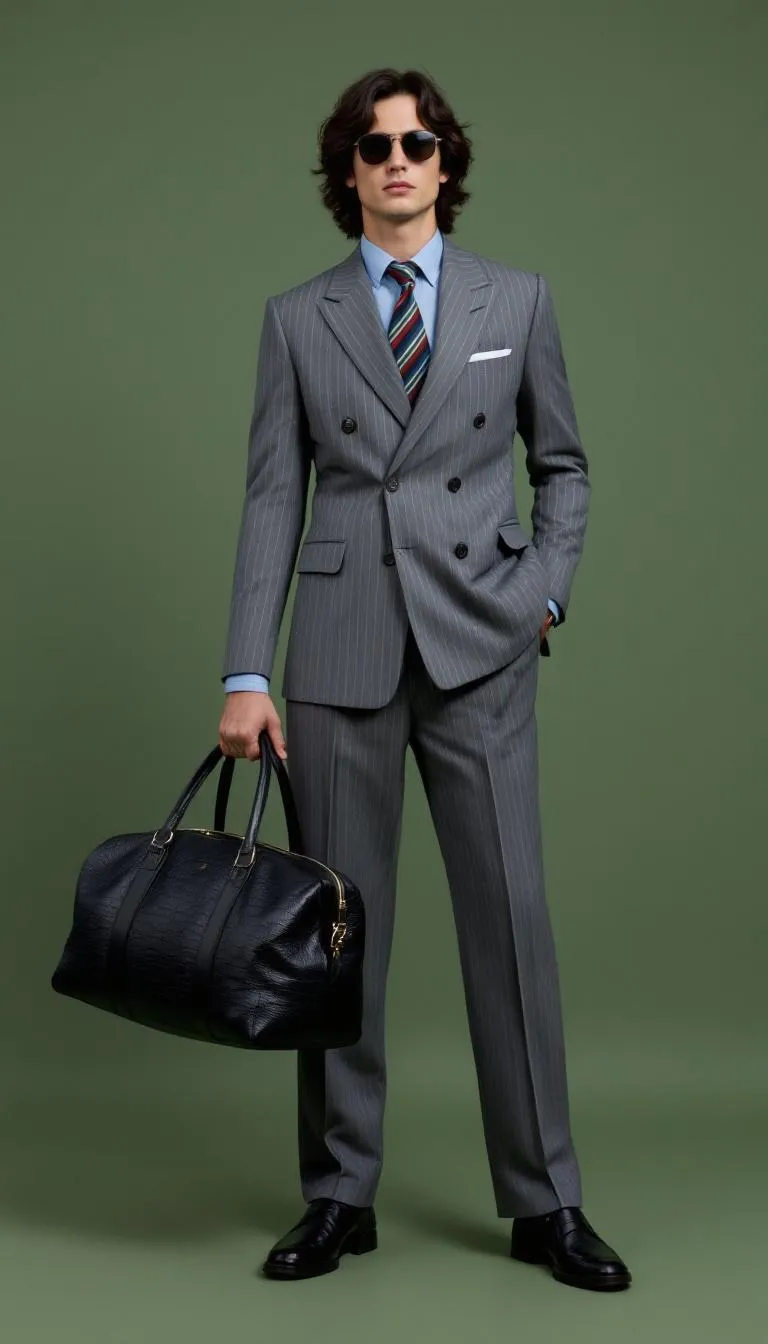 a stylish person posing confidently against a muted green studio backdrop. They are dressed in a sharp, tailored gray pinstripe suit with a double-breasted blazer and matching wide-leg trousers. Underneath, they wear a light blue dress shirt with the collar slightly open and a colorful striped tie worn loosely for a relaxed, modern look.
The person accessorizes with dark sunglasses, black leather loafers, and a large textured black leather duffel bag held in one hand. Their wavy, shoulder-length dark hair and neutral expression add to the composed, fashion-forward aesthetic. The lighting is soft and even, emphasizing the outfit’s structure and texture, giving the overall scene a refined, editorial feel that blends classic menswear-inspired tailoring with contemporary minimalism.