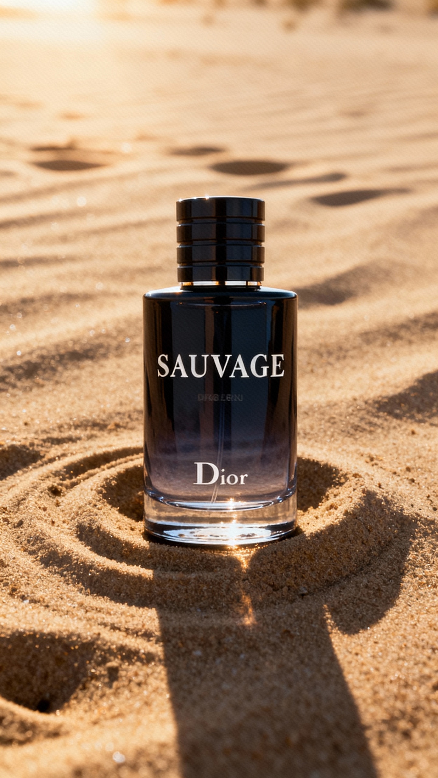 A high-end editorial photo of a Dior Sauvage perfume placed flat on a deserted sand, captured from a direct top-down view. The surface is gently disturbed to suggest recent motion or interaction. The front of the product is fully visible and properly oriented upright. The area around the product is intentionally left open to optionally place that visually enhance the scene. Natural sunlight from the upper left casts warm, realistic shadows. 3D realism, luxury product photography, shallow depth of field!