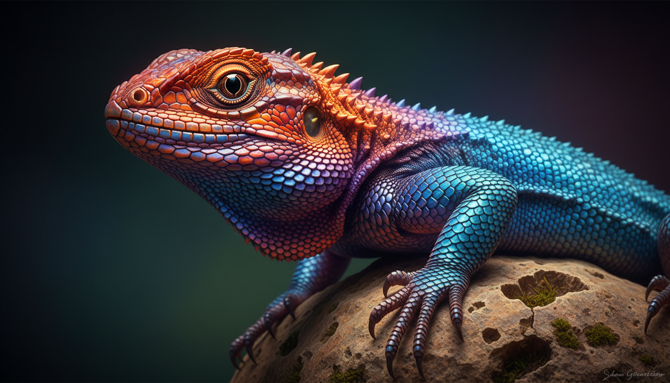 A striking close-up portrait of a vividly colored lizard perched on a textured rock, captured at eye level with shallow depth of field. The reptile features an extraordinary gradient of saturated hues—electric blue scales along the body, fiery orange and red tones on the head and limbs, and subtle purple transitions across the neck and torso. Fine scale textures are sharply detailed, with glossy highlights catching the light. One large, reflective eye is in crisp focus, conveying alertness and curiosity. The background fades into a dark, softly blurred gradient, isolating the subject and enhancing contrast. Lighting is dramatic yet controlled, emphasizing color vibrancy and surface detail. The overall mood is bold, exotic, and visually arresting, ideal for wildlife art, fantasy realism, or high-end digital illustration.