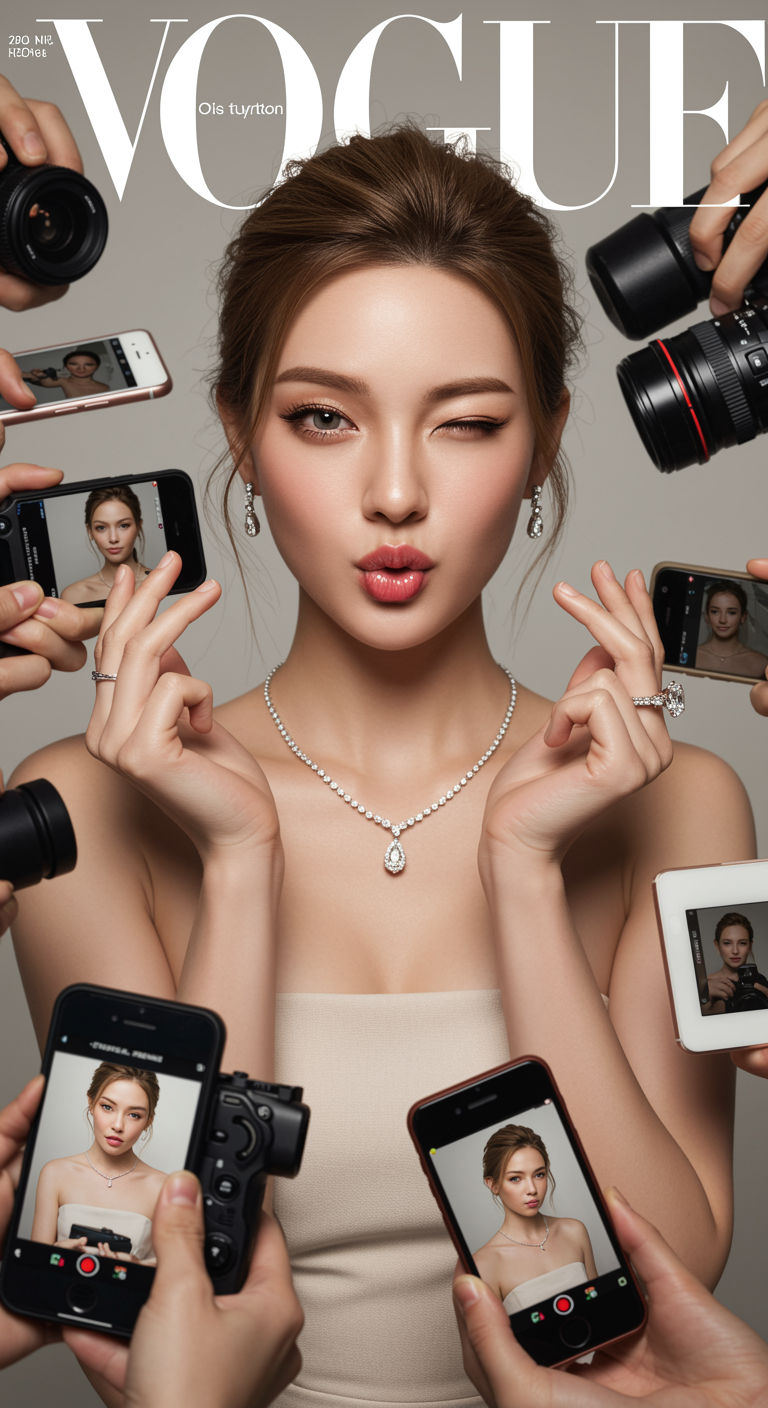 a realistic Vogue magazine cover–style fashion portrait using the uploaded face as the original face reference (100% face identity preservation).

A young elegant woman posing confidently, maintaining her original facial features and natural beauty. She is winking with her left eye and making a playful duck-face expression. Both hands are raised, forming a love/heart gesture near her face.

She is surrounded by multiple DSLR cameras and smartphones held around her, as if paparazzi and photographers are capturing her from all directions. Some phones show her live image on their screens.

Appearance & styling: flawless glowing skin, natural makeup with glossy pink lips, soft blush, subtle highlights. Light brown hair styled in a low, neat updo with a few loose strands.

Outfit & accessories: elegant minimalist beige-white strapless evening dress, Louis Vuitton necklace, diamond ring, luxury fashion jewelry.

Photography style: close-up to half-body fashion portrait, Vogue editorial aesthetic, cinematic professional studio lighting, soft HDR background, shallow depth of field, realistic skin texture, ultra-detailed, 8K quality.

Camera & lens look: professional DSLR look, 85mm lens feel, f/1.8 aperture, crisp focus with smooth background bokeh.

Composition: Vogue magazine layout with large bold logo at the top, editorial fashion cover framing, clean and elegant design.

Mood & vibe: playful yet luxurious, high-fashion beauty editorial, realistic, not AI-looking, photographed by a professional fashion photographer.