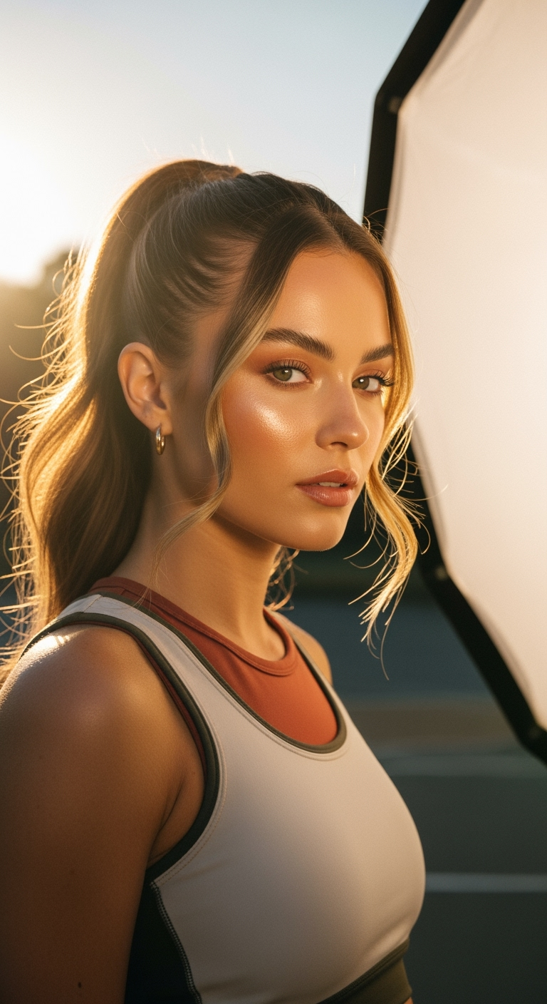 A close-up portrait of a young woman on an outdoor basketball court, bathed in warm natural sunlight. She has dewy, glowing skin with soft freckles, light makeup, and slightly parted lips. Her hair is tied back neatly, with a few loose strands framing her face. A basketball is positioned close to her cheek, dominating part of the foreground and adding texture contrast to her smooth skin. The lighting creates gentle shadows and highlights across her face, emphasizing her natural features and sporty confidence. Shot with a shallow depth of field and cinematic color grading for a modern, lifestyle aesthetic.