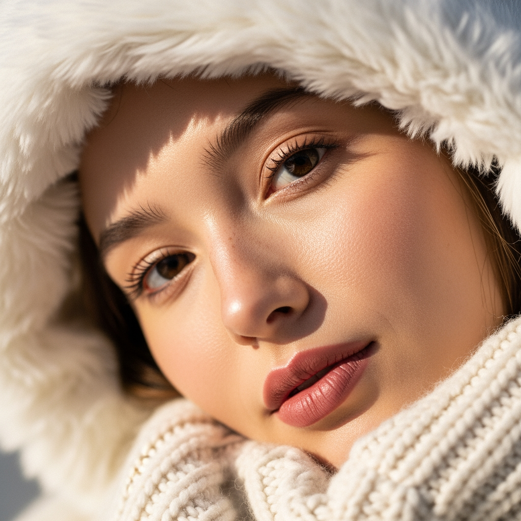 A soft, intimate close-up portrait of a young woman wearing a plush white faux-fur winter hood and a thick cream-colored knit sweater. Her face fills the frame, captured at a slight angle as she gazes gently toward the camera with calm, expressive eyes. Her skin appears natural and luminous, with minimal makeup, subtle freckles, and softly defined lips in a muted rose tone. The lighting is diffused and warm, creating smooth highlights and gentle shadows that enhance skin texture and facial contours. The background is neutral and softly blurred, keeping full focus on the subject. The overall mood is cozy, elegant, and serene, evoking winter warmth, comfort, and understated beauty—ideal for fashion, skincare, or seasonal lifestyle branding.