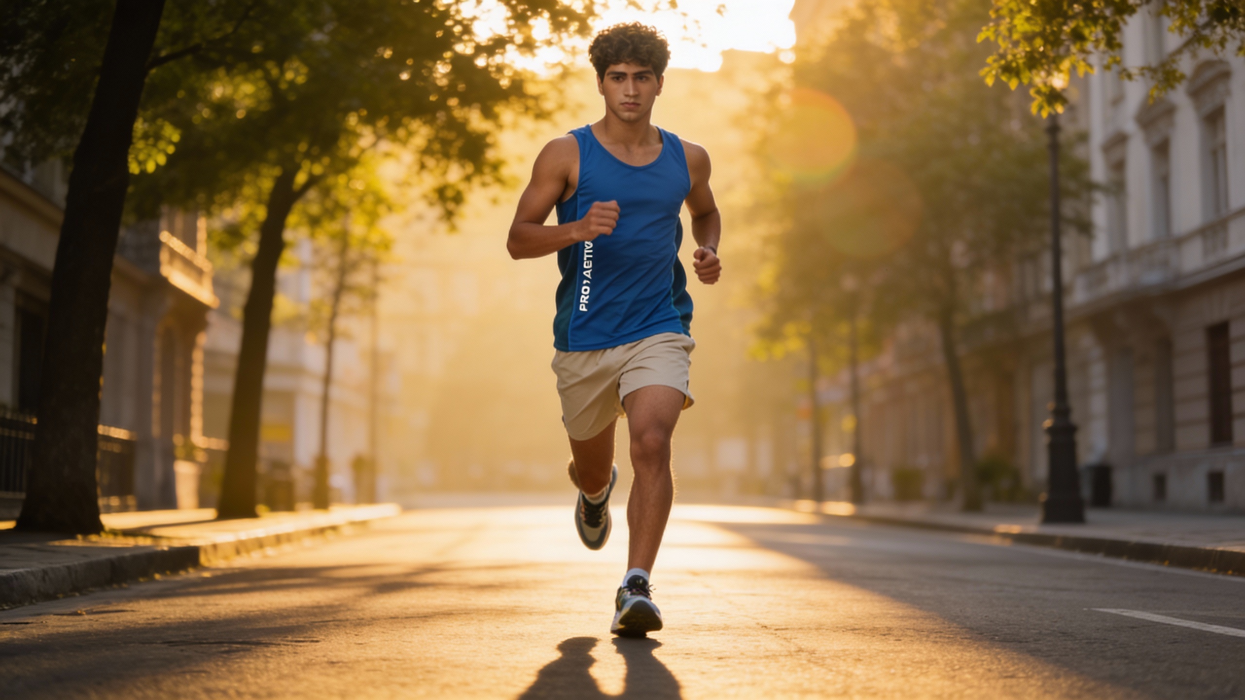 Use the images as a reference and make a fit, athletic adult 26 year old Indian male athlete looking man wearing the tank t-shirt running alone down a quiet city street during early morning golden hour. He is wearing a sleeveless blue athletic top, beige running shorts, and modern running shoes. The runner is centered in the frame, captured mid-stride with a focused, determined expression. Warm sunlight filters through leafy trees lining the street, creating soft lens flare and long shadows on the pavement. Urban buildings with classic architecture appear slightly blurred in the background, suggesting motion and depth. The scene feels energetic, healthy, and motivational. Shot at eye level with a shallow depth of field, natural light, realistic color grading, high-resolution, commercial fitness photography style.