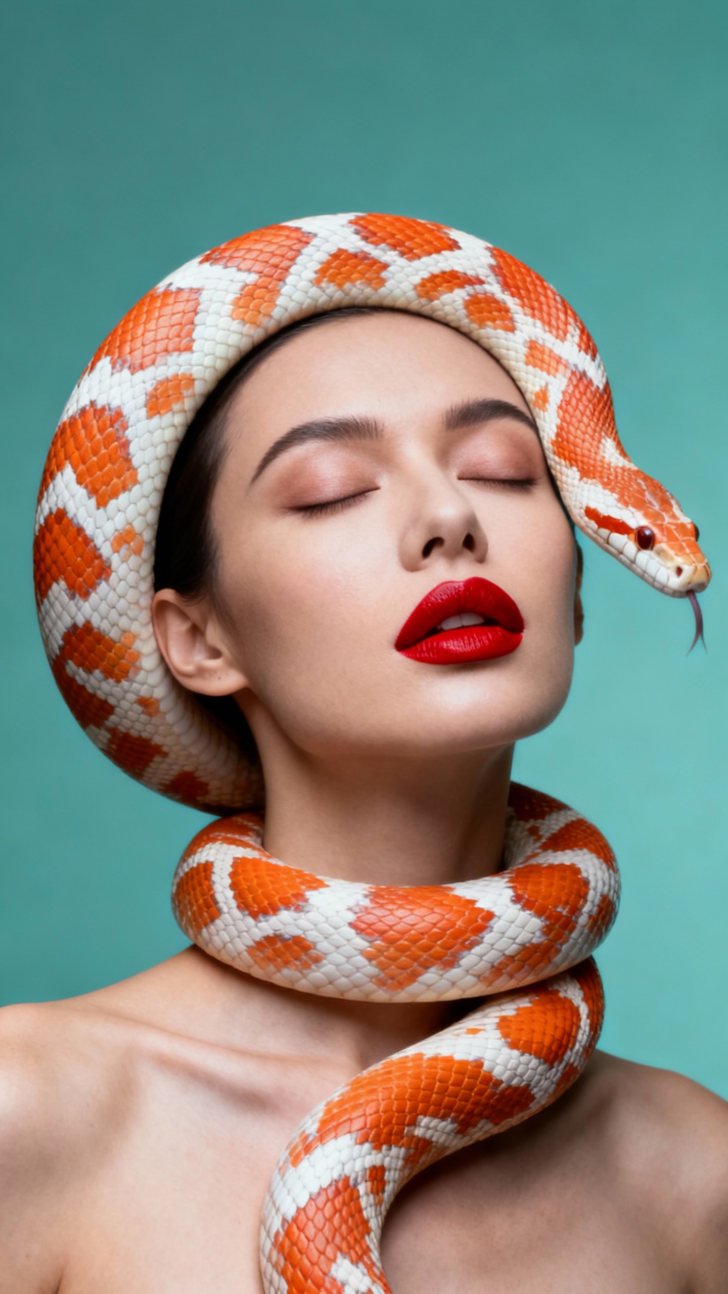 High-fashion conceptual portrait of a woman with flawless skin, red lipstick, and closed eyes, as a large orange and white patterned snake coils gracefully around her head and neck. The snake’s smooth scales contrast with the softness of her skin, creating a dramatic interplay of textures. Studio backdrop in muted teal tones emphasizes the surreal, artistic mood. Bold and provocative imagery blending elegance with danger, ideal for avant-garde fashion editorials, beauty campaigns, or conceptual art photography.
