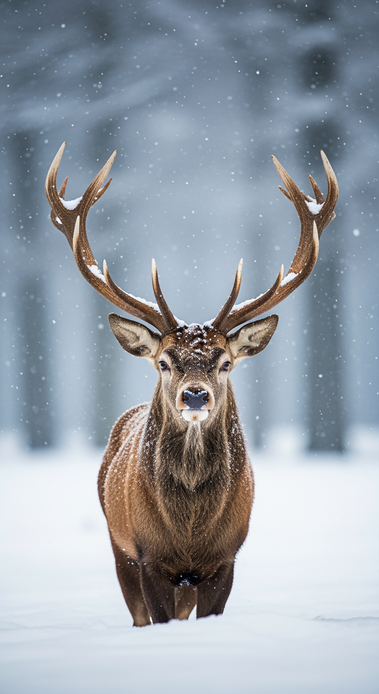 A close-up wildlife portrait of a majestic stag standing still in a snowy forest during active snowfall. The deer faces the camera directly, with large symmetrical antlers coated in fresh snow, creating a striking and powerful composition. Its fur is a rich warm brown, lightly dusted with snowflakes, contrasting against the soft white foreground and cool gray-blue background. The background features blurred winter trees with shallow depth of field, producing a dreamy, atmospheric bokeh effect. Lighting is soft and diffused, typical of overcast winter conditions, emphasizing fine details in the fur, antlers, and snow texture. The mood is calm, serene, and slightly dramatic, evoking wilderness, nature, and seasonal beauty. Shot at eye level with a centered composition, high realism, no text, ideal for commercial wildlife, winter, or holiday-themed stock imagery.