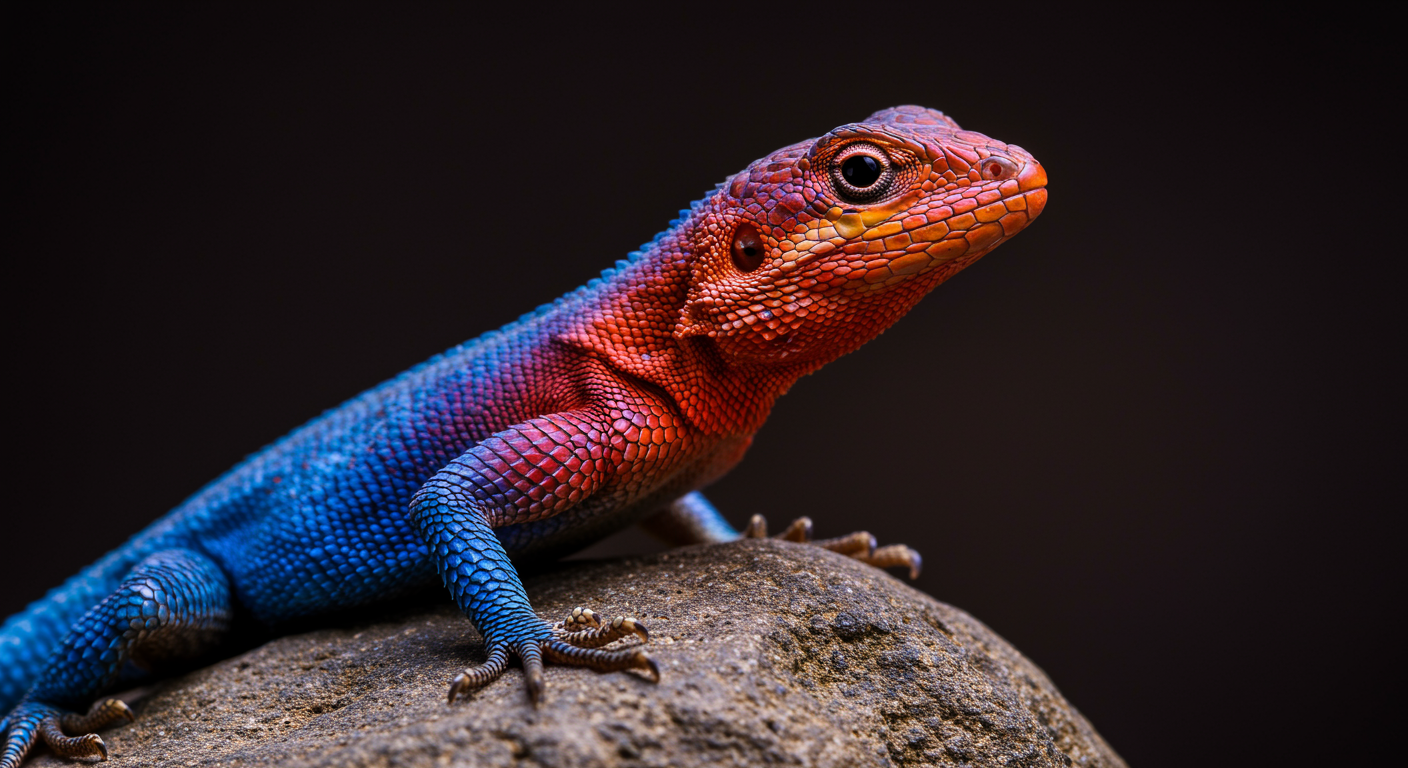 A striking close-up portrait of a vividly colored lizard perched on a textured rock, captured at eye level with shallow depth of field. The reptile features an extraordinary gradient of saturated hues—electric blue scales along the body, fiery orange and red tones on the head and limbs, and subtle purple transitions across the neck and torso. Fine scale textures are sharply detailed, with glossy highlights catching the light. One large, reflective eye is in crisp focus, conveying alertness and curiosity. The background fades into a dark, softly blurred gradient, isolating the subject and enhancing contrast. Lighting is dramatic yet controlled, emphasizing color vibrancy and surface detail. The overall mood is bold, exotic, and visually arresting, ideal for wildlife art, fantasy realism, or high-end digital illustration.