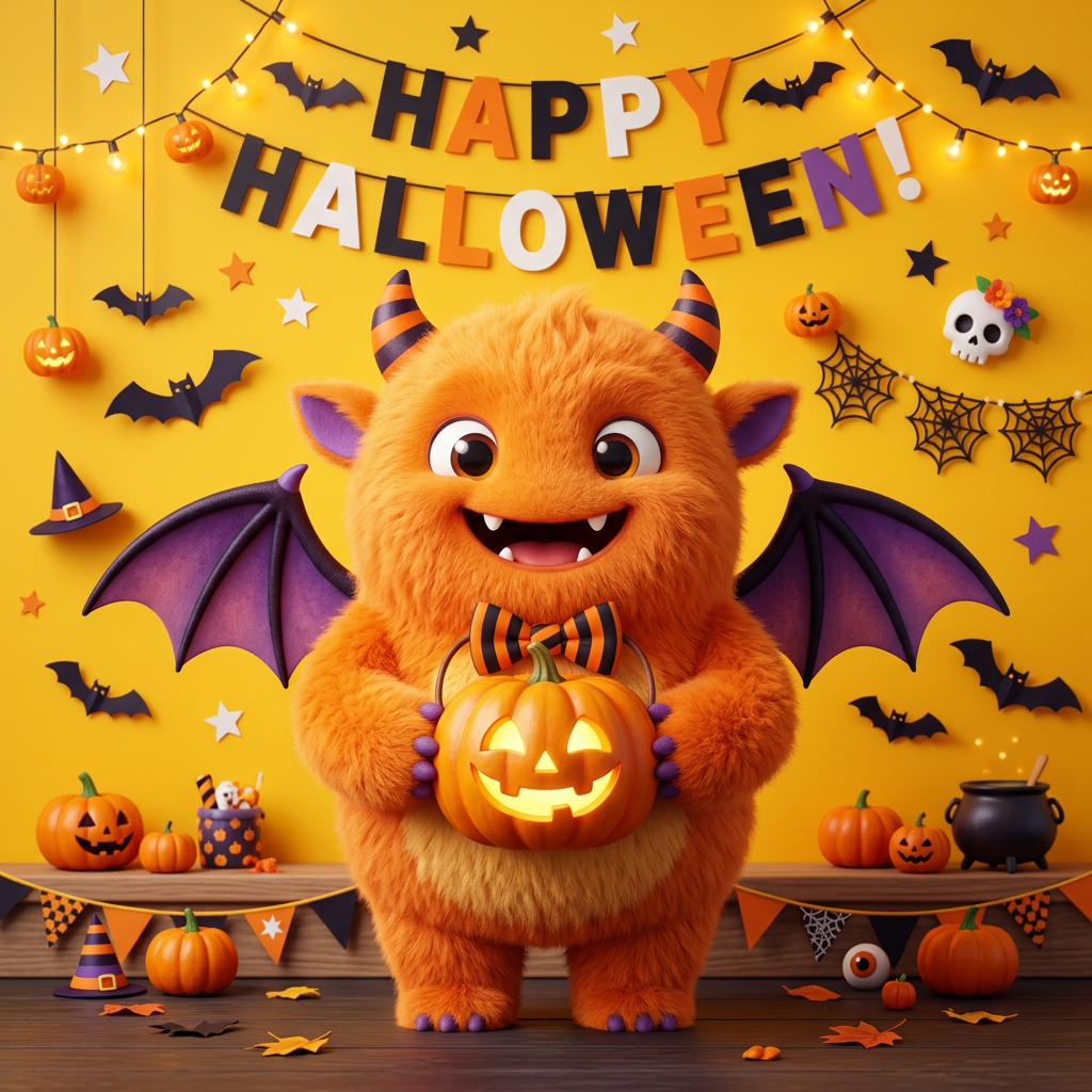 Adorable 3D-rendered orange monster with bat wings and Halloween decorations, holding a pumpkin, set against a bright yellow background.