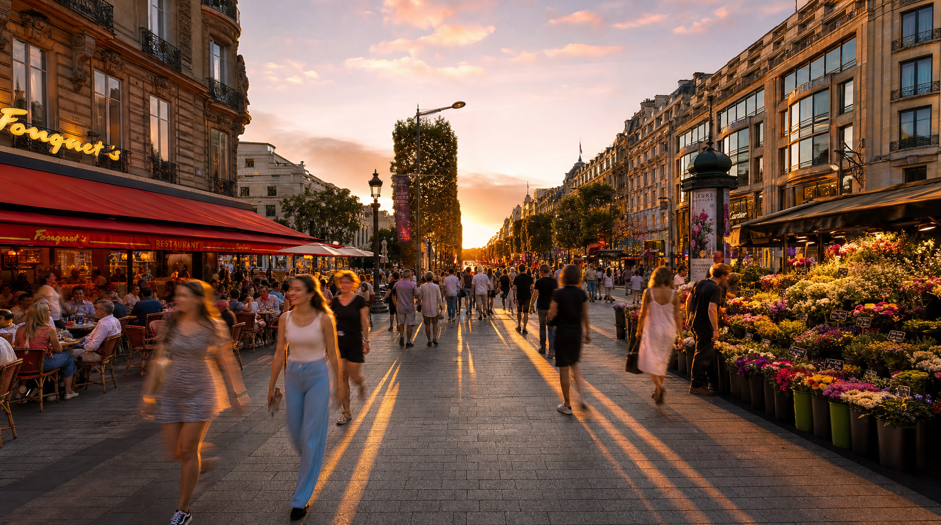 A photorealistic wide shot of a vibrant pedestrian street in a lively cosmopolitan city during golden hour — think Shibuya crossing, Oxford Street, or Champs-Elysees. Crowds of people mid-stride in all directions, motion slightly blurred to convey energy and life. Warm golden sunlight cuts between tall buildings at a low angle, casting long dramatic shadows across the pavement. Shop windows glow warmly, outdoor cafe tables are full, flower stalls burst with color. The sky above is a rich gradient of peach and soft blue. Everything feels alive, warm, and buzzing with human energy. Shot on a 35mm wide-angle lens, natural color grading, warm highlights, clean bright shadows. Mood: joyful, cinematic, full of life. 16:9 widescreen.