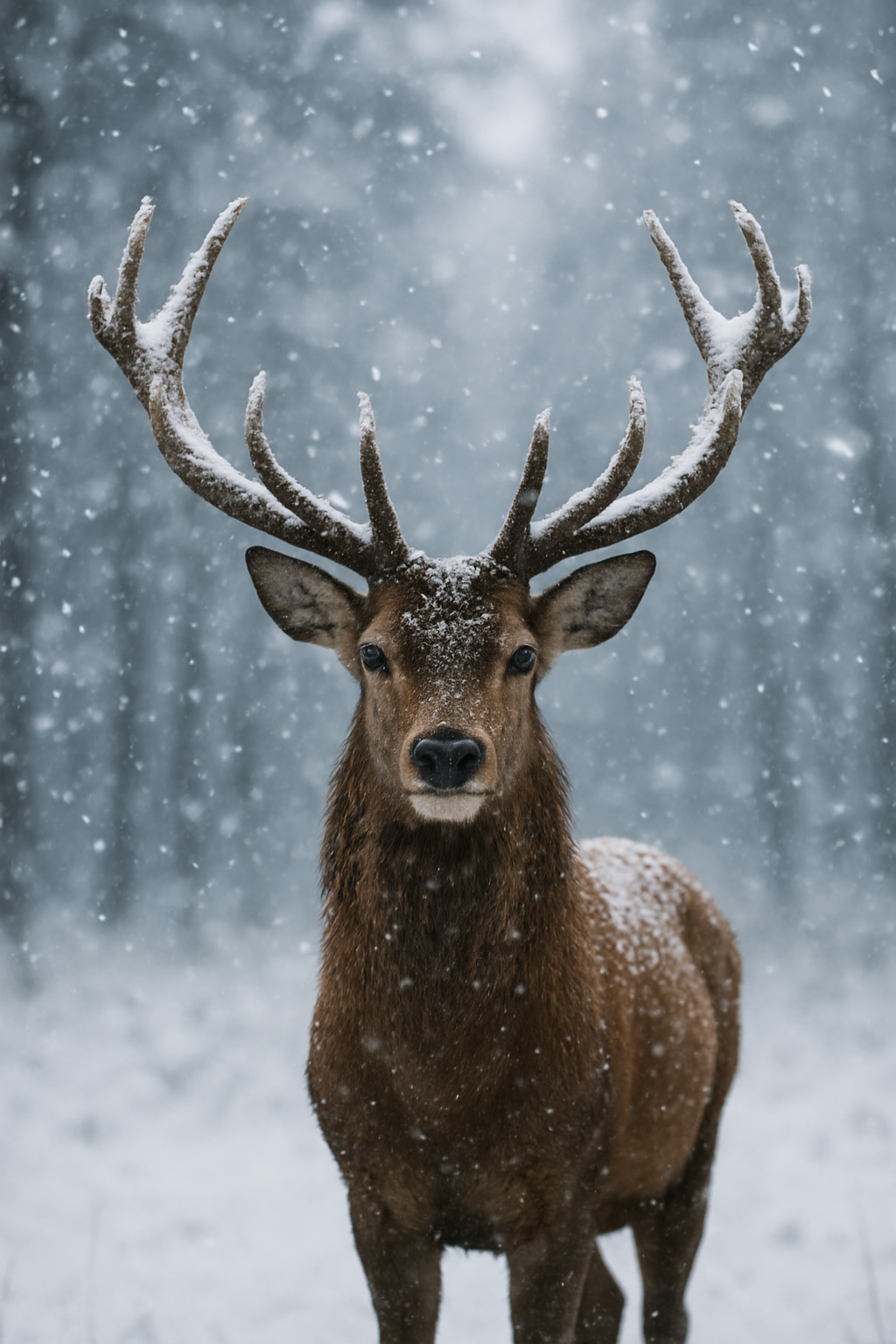 A close-up wildlife portrait of a majestic stag standing still in a snowy forest during active snowfall. The deer faces the camera directly, with large symmetrical antlers coated in fresh snow, creating a striking and powerful composition. Its fur is a rich warm brown, lightly dusted with snowflakes, contrasting against the soft white foreground and cool gray-blue background. The background features blurred winter trees with shallow depth of field, producing a dreamy, atmospheric bokeh effect. Lighting is soft and diffused, typical of overcast winter conditions, emphasizing fine details in the fur, antlers, and snow texture. The mood is calm, serene, and slightly dramatic, evoking wilderness, nature, and seasonal beauty. Shot at eye level with a centered composition, high realism, no text, ideal for commercial wildlife, winter, or holiday-themed stock imagery.