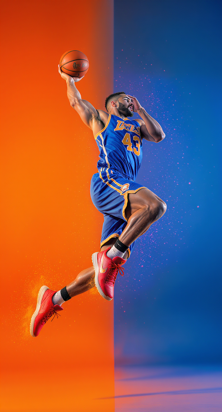 Dramatic action shot of a basketball player in mid-air performing a powerful jump, wearing a blue jersey with the number 43 and bright red sneakers. The athlete is captured in motion against a vibrant gradient background of orange and blue, creating a bold and energetic contrast. Muscular physique highlighted with sharp studio lighting, emphasizing movement, strength, and athleticism. Modern sports photography with a stylized, high-impact editorial look, perfect for fitness campaigns, motivational posters, or athletic brand advertising.