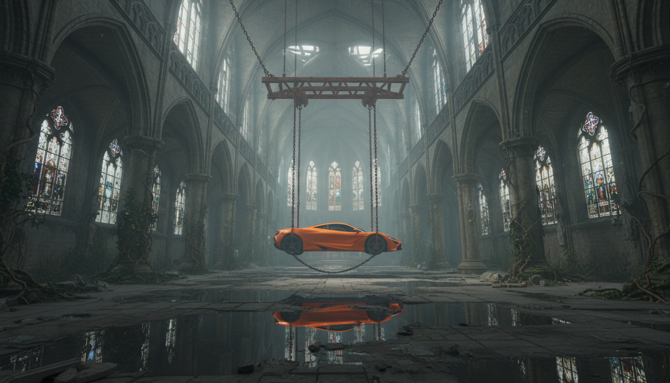 A surreal cinematic scene set inside a vast, abandoned gothic cathedral with towering stone arches, cracked walls, and tall stained-glass windows diffusing cold, misty daylight. Suspended in mid-air at the center of the nave is a bright orange sports car, lifted by heavy chains and a metal hoist frame attached to the vaulted ceiling. The car hangs perfectly horizontal, emphasizing tension and impossibility. Moss, vines, and creeping vegetation reclaim the ancient stone interior, while puddles on the cracked stone floor reflect the cathedral’s architecture and the floating vehicle above. The contrast between the modern, glossy supercar and the decaying medieval environment creates a striking visual juxtaposition. Lighting is soft but dramatic, with volumetric light rays cutting through dust and fog, evoking a mood of mystery, surrealism, and post-apocalyptic elegance. Highly detailed, cinematic realism with a dark, contemplative atmosphere.