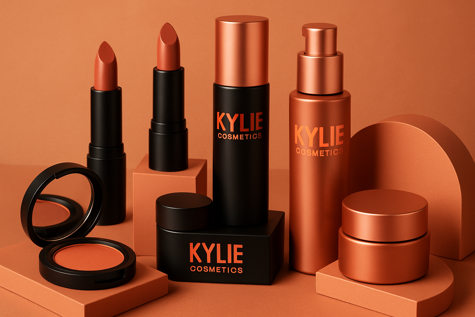 a visually striking arrangement of luxury makeup products with brand name Kylie Cosmetics displayed against a warm, monochromatic background in shades of peach, coral, and rose gold. The setup includes lipsticks, foundation or serum bottles, a compact blush, and cream containers — all housed in sleek black and metallic coral packaging.

The products are artfully placed among geometric blocks and curved shapes in matching tones, creating a modern, sculptural composition. Soft, diffused lighting enhances the smooth textures and rich colors, producing a polished, high-end aesthetic. The overall mood is elegant and contemporary, evoking themes of beauty, sophistication, and design harmony