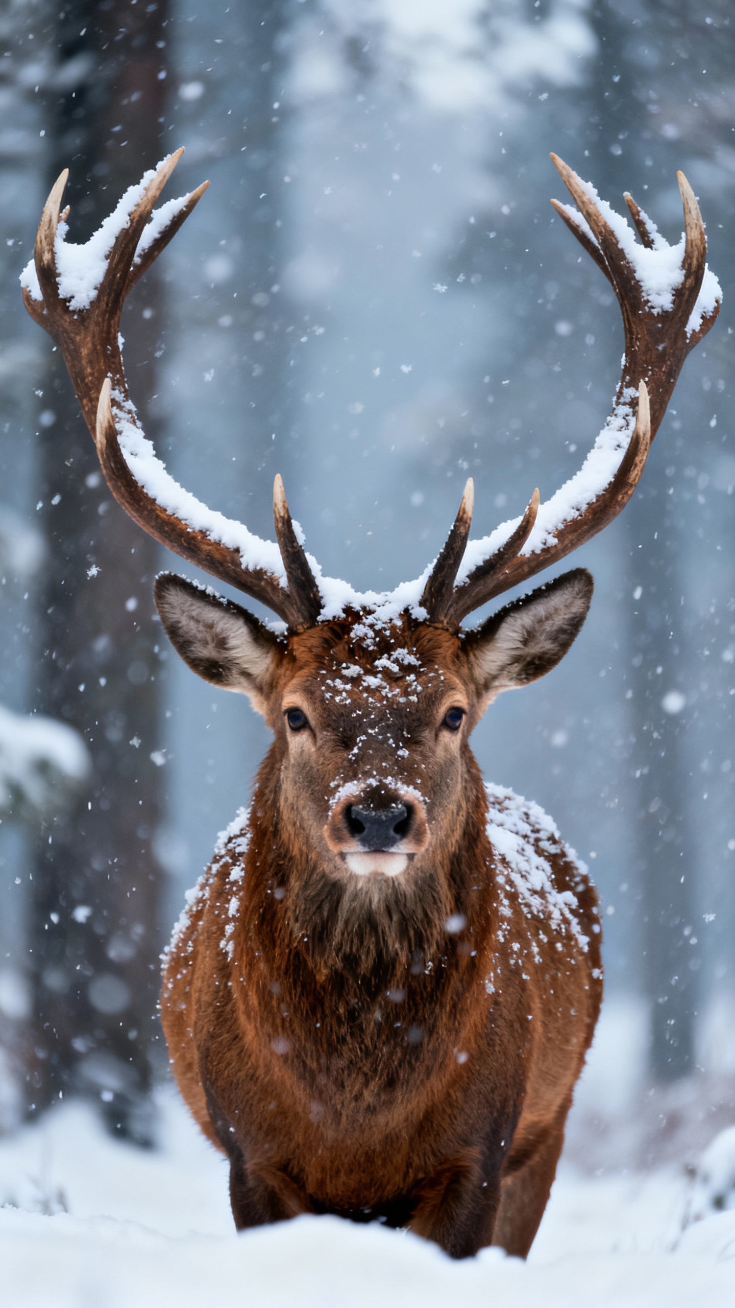A close-up wildlife portrait of a majestic stag standing still in a snowy forest during active snowfall. The deer faces the camera directly, with large symmetrical antlers coated in fresh snow, creating a striking and powerful composition. Its fur is a rich warm brown, lightly dusted with snowflakes, contrasting against the soft white foreground and cool gray-blue background. The background features blurred winter trees with shallow depth of field, producing a dreamy, atmospheric bokeh effect. Lighting is soft and diffused, typical of overcast winter conditions, emphasizing fine details in the fur, antlers, and snow texture. The mood is calm, serene, and slightly dramatic, evoking wilderness, nature, and seasonal beauty. Shot at eye level with a centered composition, high realism, no text, ideal for commercial wildlife, winter, or holiday-themed stock imagery.