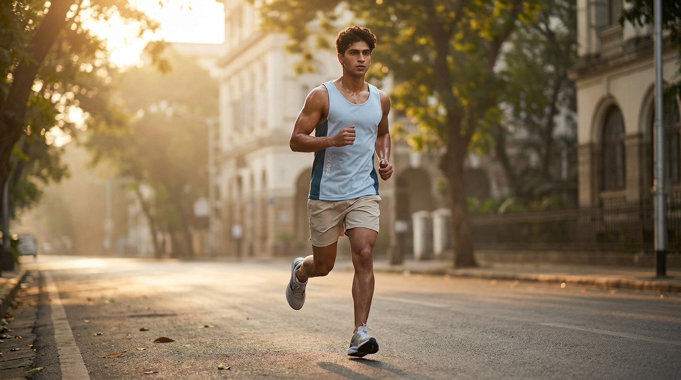 Use the images as a reference and make a fit, athletic adult 26 year old Indian male athlete looking man wearing the tank t-shirt running alone down a quiet city street during early morning golden hour. He is wearing a sleeveless blue athletic top, beige running shorts, and modern running shoes. The runner is centered in the frame, captured mid-stride with a focused, determined expression. Warm sunlight filters through leafy trees lining the street, creating soft lens flare and long shadows on the pavement. Urban buildings with classic architecture appear slightly blurred in the background, suggesting motion and depth. The scene feels energetic, healthy, and motivational. Shot at eye level with a shallow depth of field, natural light, realistic color grading, high-resolution, commercial fitness photography style.