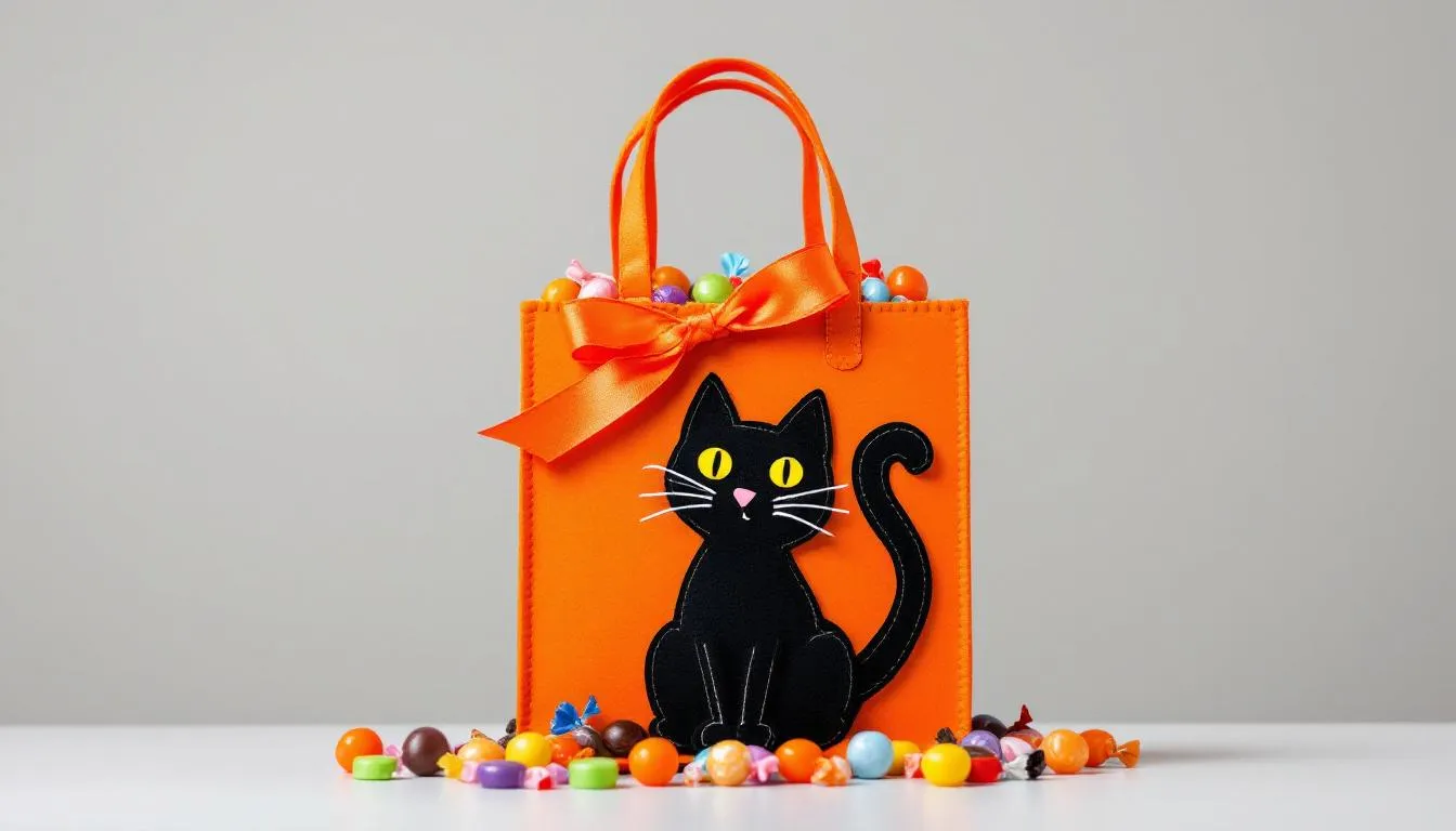 A studio product photograph of a bright orange felt gift bag designed for Halloween or seasonal gifting, centered against a smooth light gray background. The bag features sturdy matching orange handles and a decorative satin bow tied near the top corner. On the front, a playful black cat appliqué with yellow eyes, stitched whiskers, and a curled tail adds a whimsical, handcrafted feel. The bag is filled with assorted colorful wrapped candies, with several pieces spilling naturally onto the surface in front, enhancing the sense of abundance and celebration. The felt texture is clearly visible, with clean stitching and crisp edges. Lighting is soft and even, highlighting the vibrant orange color without harsh shadows. The composition is symmetrical and minimal, ideal for product marketing, holiday promotions, or seasonal lifestyle use. High realism, studio product photography style, no people, no text, no branding