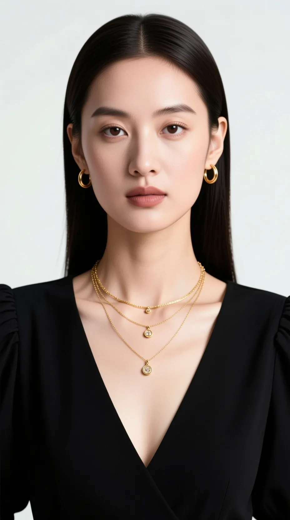 a woman posing against a plain light background, styled in an elegant and minimal fashion. She is wearing a black, deep V-neck top with slightly puffed shoulders, giving her outfit a sophisticated silhouette. Her dark, straight hair is parted in the middle and tucked neatly behind her ears, complementing her polished appearance.

The main focus is on her accessories with layered gold necklaces featuring small pendants and hoops earrings that match in tone. Her makeup is natural and refined, emphasising a smooth complexion, neutral lips, and well-groomed brows. The lighting is soft and even, highlighting her features with a gentle glow. The overall mood is poised, confident, and modern — fitting for a beauty, fashion, or jewellery editorial portrait.