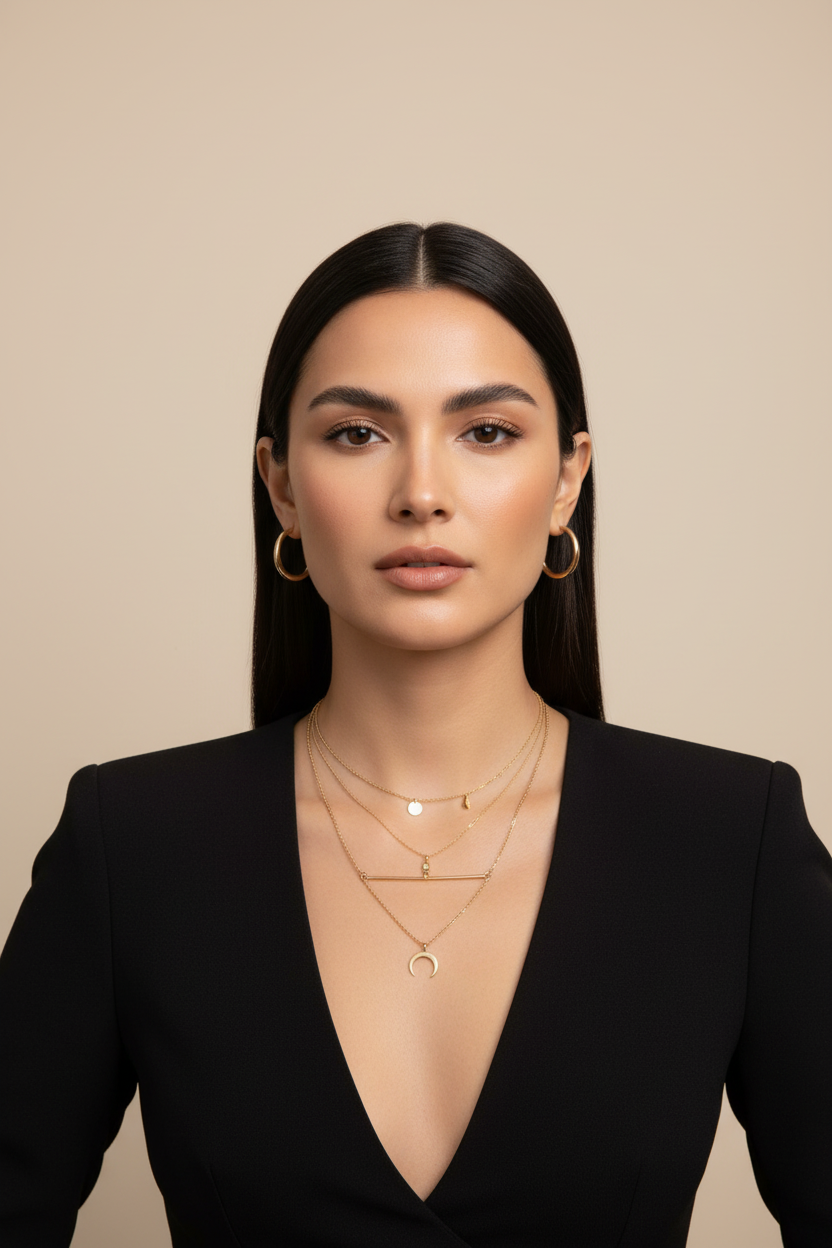 a woman posing against a plain light background, styled in an elegant and minimal fashion. She is wearing a black, deep V-neck top with slightly puffed shoulders, giving her outfit a sophisticated silhouette. Her dark, straight hair is parted in the middle and tucked neatly behind her ears, complementing her polished appearance.
The main focus is on her accessories with layered gold necklaces featuring small pendants and hoops earrings that match in tone. Her makeup is natural and refined, emphasising a smooth complexion, neutral lips, and well-groomed brows. The lighting is soft and even, highlighting her features with a gentle glow. The overall mood is poised, confident, and modern — fitting for a beauty, fashion, or jewellery editorial portrait.