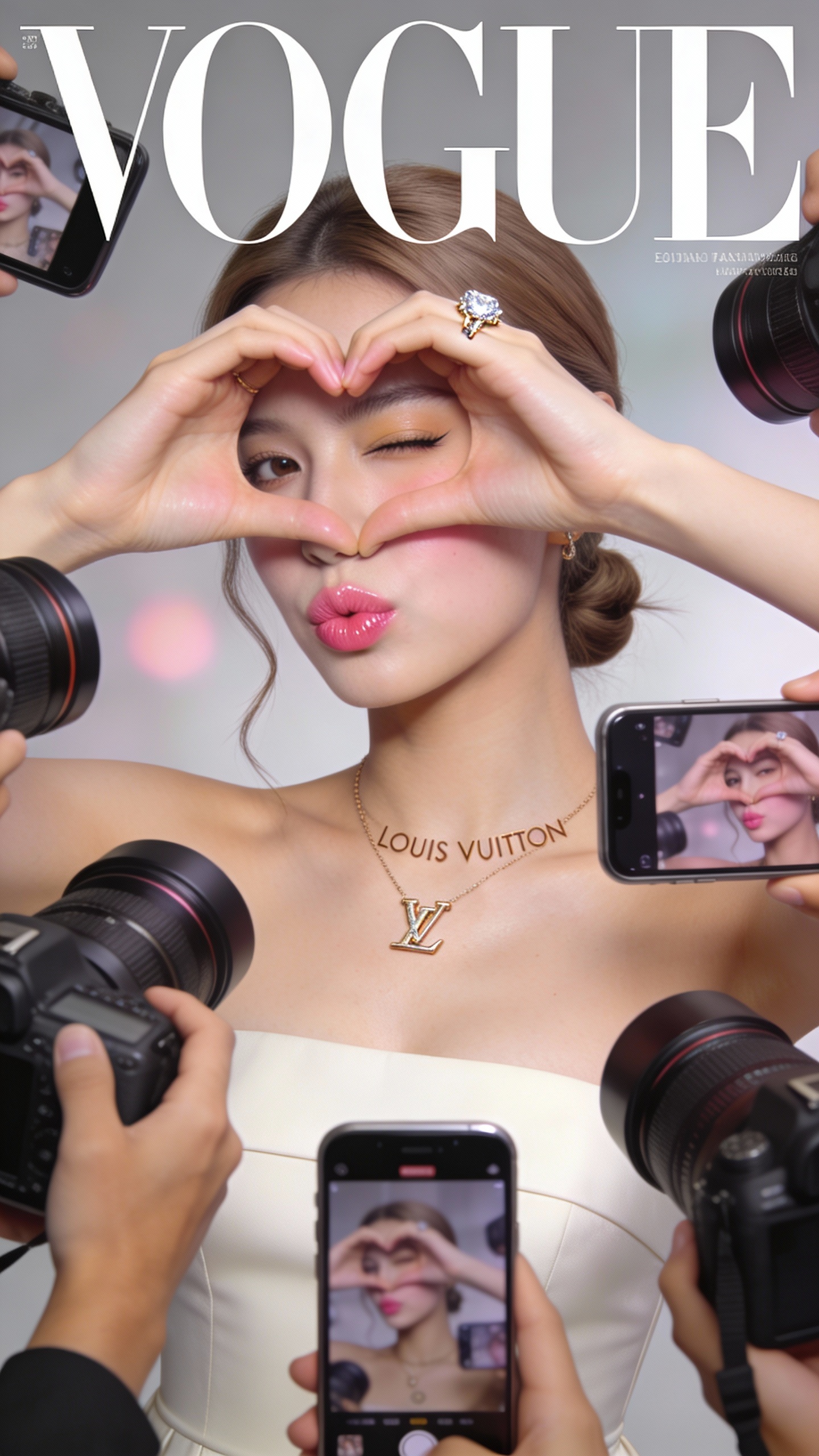 a realistic Vogue magazine cover–style fashion portrait using the uploaded face as the original face reference (100% face identity preservation).
A young elegant woman posing confidently, maintaining her original facial features and natural beauty. She is winking with her left eye and making a playful duck-face expression. Both hands are raised, forming a love/heart gesture near her face.
She is surrounded by multiple DSLR cameras and smartphones held around her, as if paparazzi and photographers are capturing her from all directions. Some phones show her live image on their screens.
Appearance & styling: flawless glowing skin, natural makeup with glossy pink lips, soft blush, subtle highlights. Light brown hair styled in a low, neat updo with a few loose strands.
Outfit & accessories: elegant minimalist beige-white strapless evening dress, Louis Vuitton necklace, diamond ring, luxury fashion jewelry.
Photography style: close-up to half-body fashion portrait, Vogue editorial aesthetic, cinematic professional studio lighting, soft HDR background, shallow depth of field, realistic skin texture, ultra-detailed, 8K quality.
Camera & lens look: professional DSLR look, 85mm lens feel, f/1.8 aperture, crisp focus with smooth background bokeh.
Composition: Vogue magazine layout with large bold logo at the top, editorial fashion cover framing, clean and elegant design.
Mood & vibe: playful yet luxurious, high-fashion beauty editorial, realistic, not AI-looking, photographed by a professional fashion photographer.