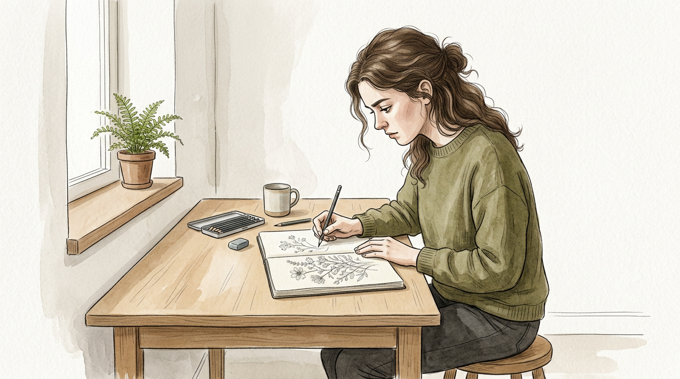 An illustration of a young artist drawing, capturing her intense focus and delicate pencil work in a minimalist setting.