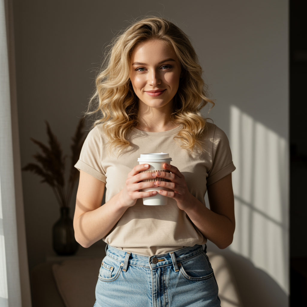 Natural lifestyle portrait of a young woman with wavy blonde hair, wearing a simple beige t-shirt and light denim jeans, standing indoors in a softly lit minimalistic setting. She is holding a white reusable coffee cup with both hands, smiling gently with a relaxed and approachable expression.