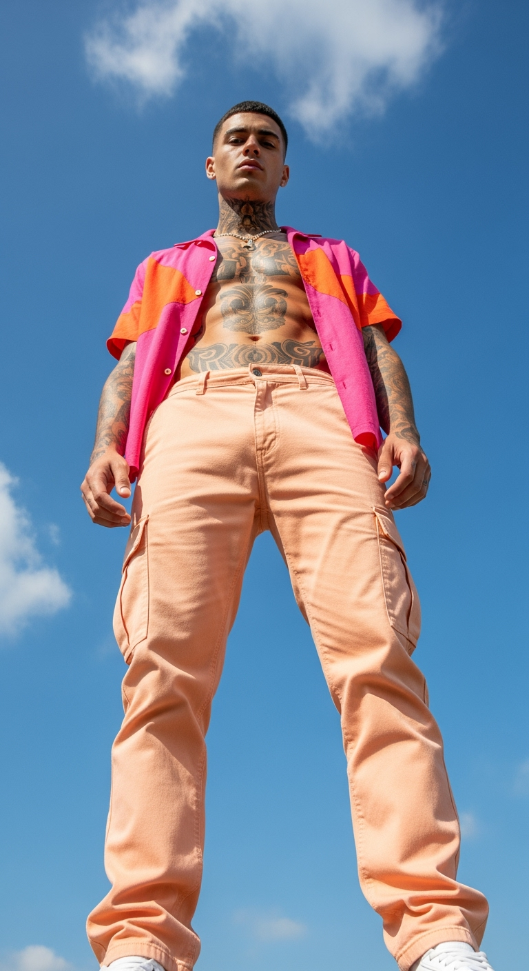 Dynamic low-angle fashion portrait of a confident young man standing outdoors under a bright blue sky with scattered clouds. He wears pastel peach cargo pants paired with an open short-sleeve shirt in shades of pink and orange, revealing his toned torso and tattoos. The upward perspective emphasizes power and presence, while the vibrant colors contrast dramatically with the sky, creating a bold, modern editorial look. Perfect for streetwear campaigns, youth fashion branding, and contemporary lifestyle imagery.