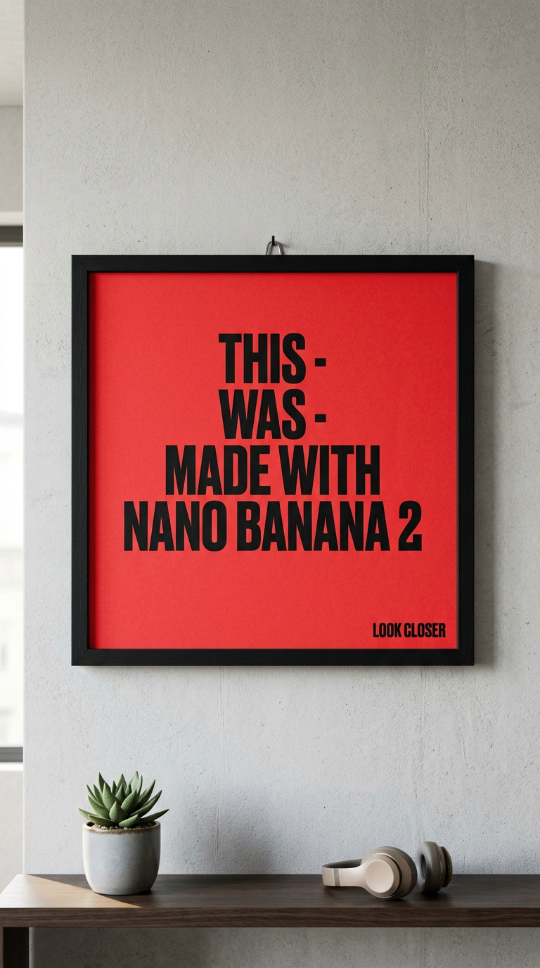 Minimalist red poster with bold black text reading 'This - was - made with Nano Banana 2' and 'LOOK CLOSER' in the corner, framed in black.