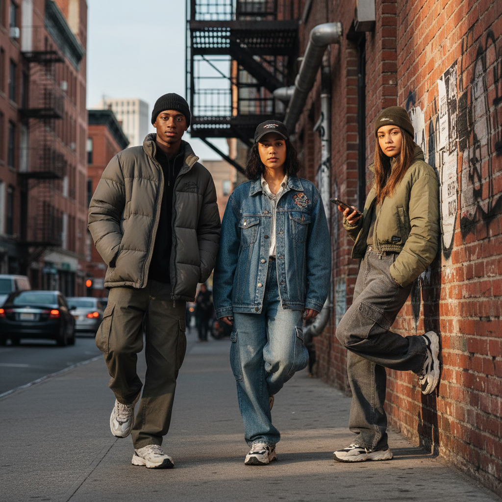3 friends outdoors in an urban setting, wearing oversized streetwear jackets and sneakers, leaning casually against a brick wall. The mood is relaxed yet stylish, with natural light and gritty textures capturing the essence of modern youth fashion