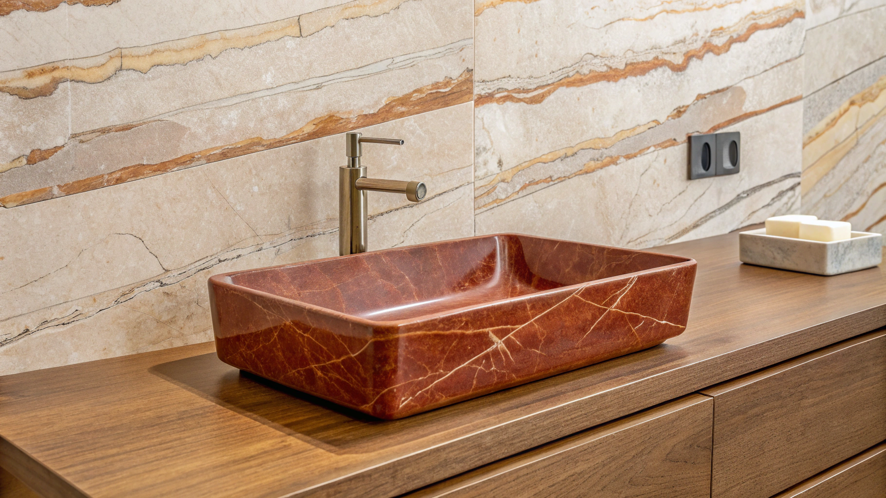 modern bathroom sink setup with a focus on natural materials and warm earthy tones. At the center is a rectangular basin sink made of polished reddish-brown marble, its subtle veining giving it a refined, elegant appearance.
The sink rests on a smooth wooden countertop, while the wall behind it is covered in layered stone with natural striations in shades of beige, cream, and rust, creating a textured, organic backdrop. Above the sink, a minimalist wall-mounted faucet and handle in brushed metal complete the clean, contemporary look.
The overall aesthetic is sophisticated, natural, and spa-like, emphasizing luxury interior design, harmony between stone and wood, and modern minimalism.