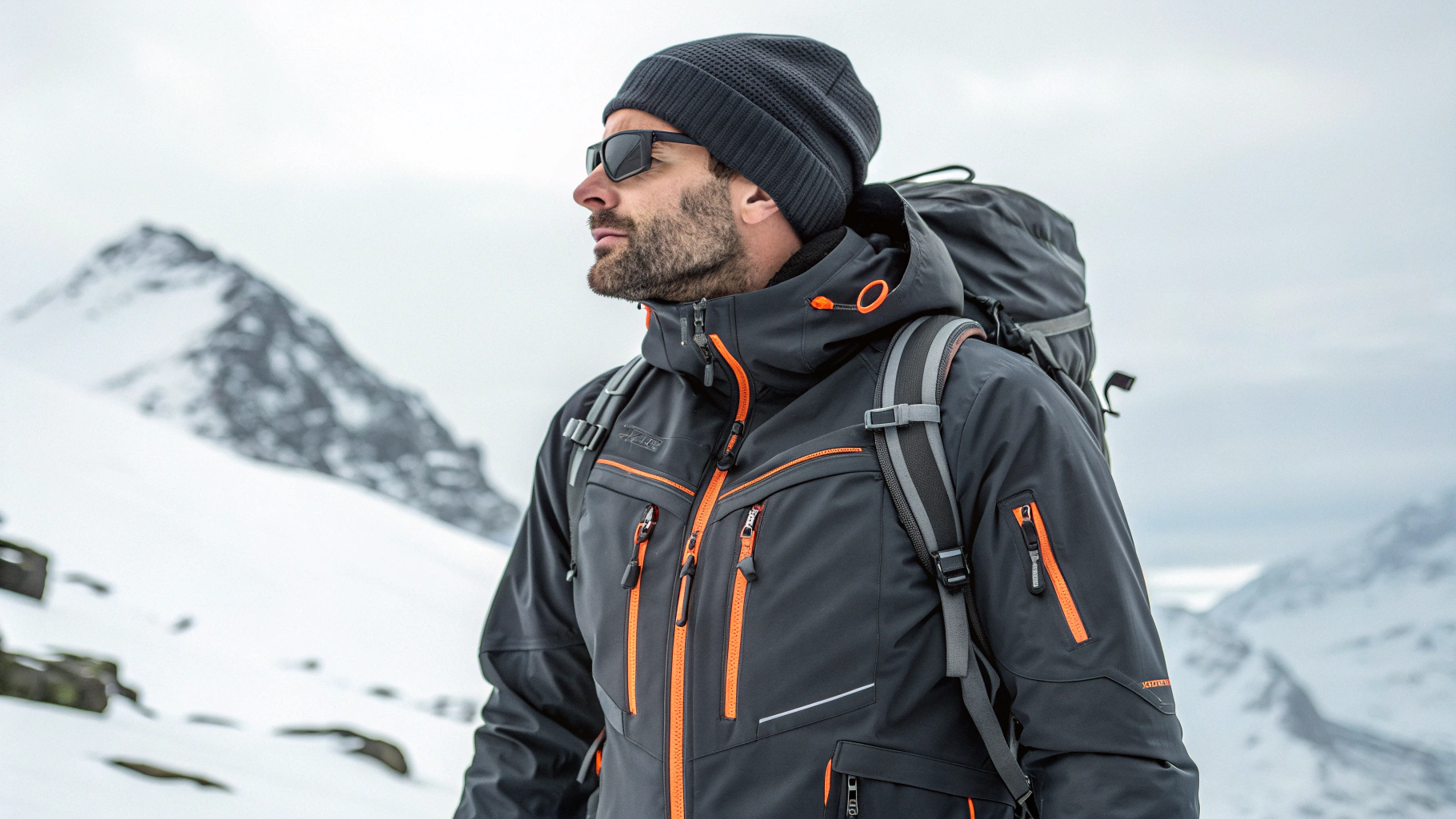 a man outdoors in a cold, mountainous environment, dressed in technical winter gear. He is wearing a dark gray waterproof jacket with taped seams, multiple zippers, and orange accent details, giving it a sleek, high-performance look. A dark knit beanie covers his head, and he has a neatly groomed beard. The jacket includes reinforced sleeves and pockets, and he is carrying a backpack with visible shoulder straps, suggesting he’s prepared for outdoor activity such as hiking or mountaineering.
The background features blurred rocky terrain with patches of snow, emphasizing the cold and rugged setting. The lighting is soft and natural, highlighting the texture of his clothing and the moisture on its surface. The overall atmosphere conveys resilience, focus, and adventure in a harsh winter landscape.