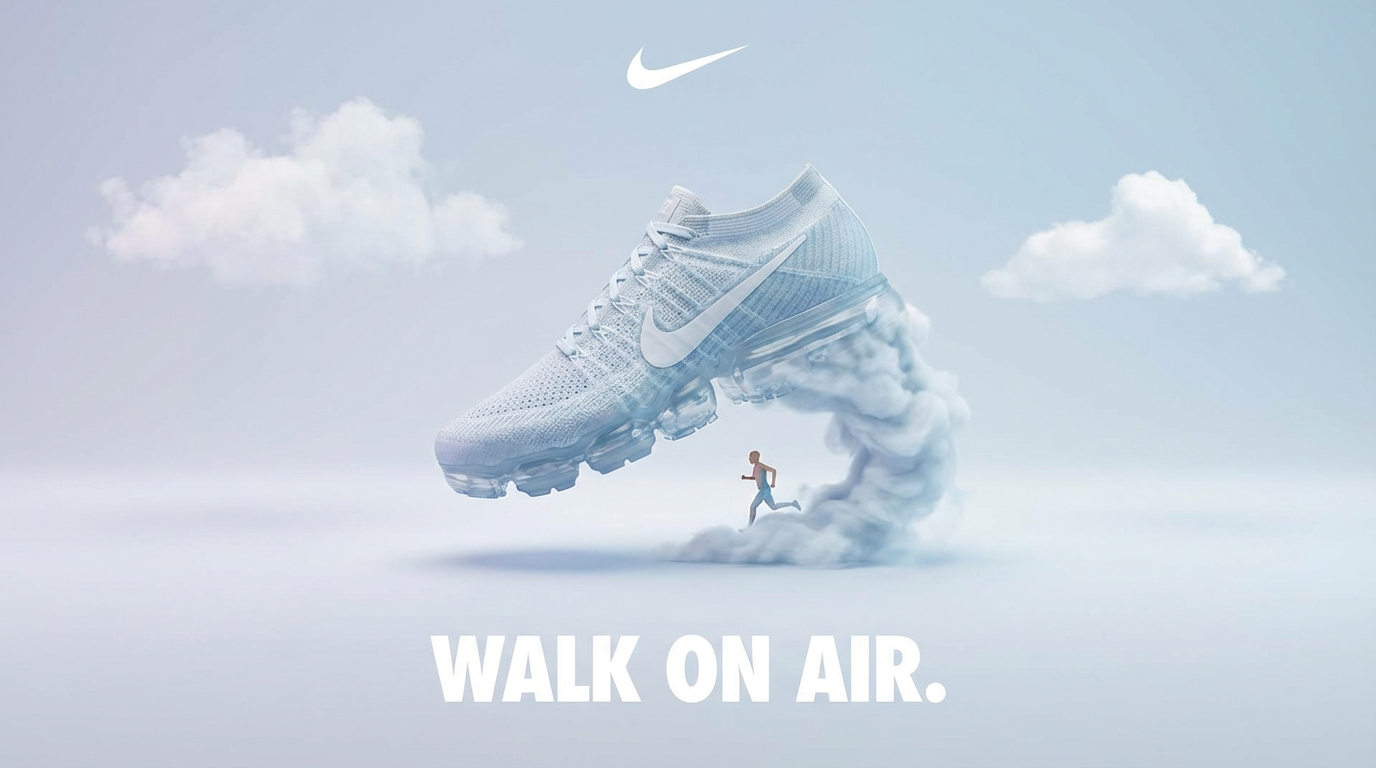 Creative photorealistic surreal 3D advertising shot for “Nike Vapormax”, featuring the main product as the hero object transformed into a bold surreal visual metaphor that instantly communicates the brand’s core message, with a clean color-matched background, ultra-realistic materials and shadows, and a clever unexpected twist in the product’s form. Add a tiny human interacting with the scene to show scale. Place a strong three-word slogan at the bottom and the real brand logo on top. Minimal, premium, visually shocking, concept-driven, high-end commercial style.