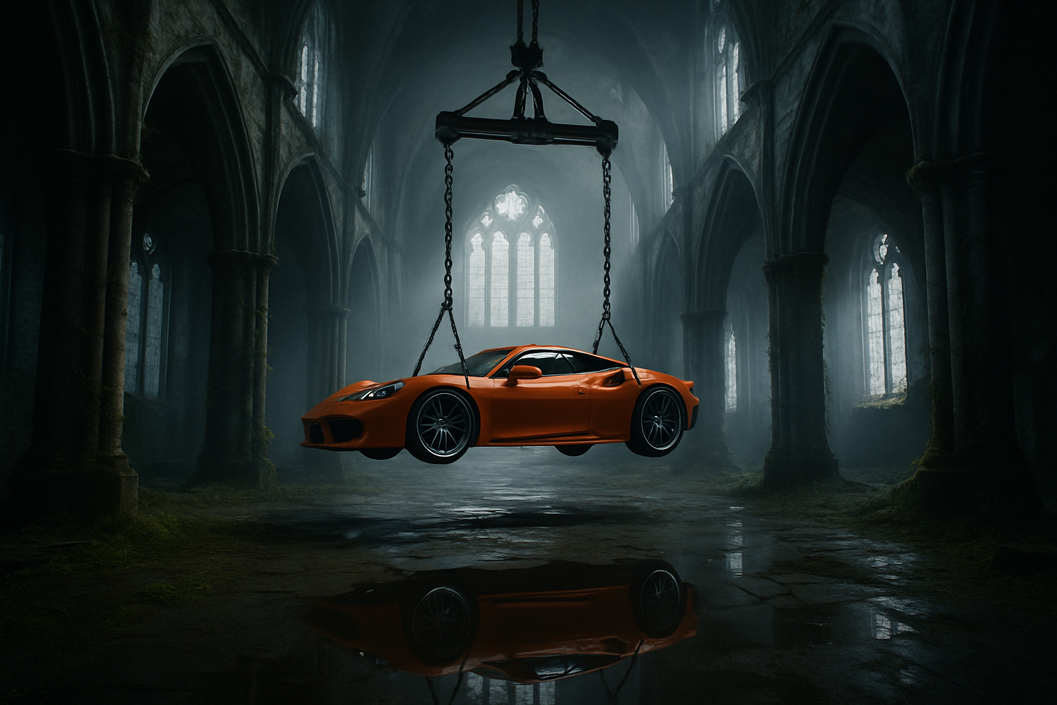 A surreal cinematic scene set inside a vast, abandoned gothic cathedral with towering stone arches, cracked walls, and tall stained-glass windows diffusing cold, misty daylight. Suspended in mid-air at the center of the nave is a bright orange sports car, lifted by heavy chains and a metal hoist frame attached to the vaulted ceiling. The car hangs perfectly horizontal, emphasizing tension and impossibility. Moss, vines, and creeping vegetation reclaim the ancient stone interior, while puddles on the cracked stone floor reflect the cathedral’s architecture and the floating vehicle above. The contrast between the modern, glossy supercar and the decaying medieval environment creates a striking visual juxtaposition. Lighting is soft but dramatic, with volumetric light rays cutting through dust and fog, evoking a mood of mystery, surrealism, and post-apocalyptic elegance. Highly detailed, cinematic realism with a dark, contemplative atmosphere.